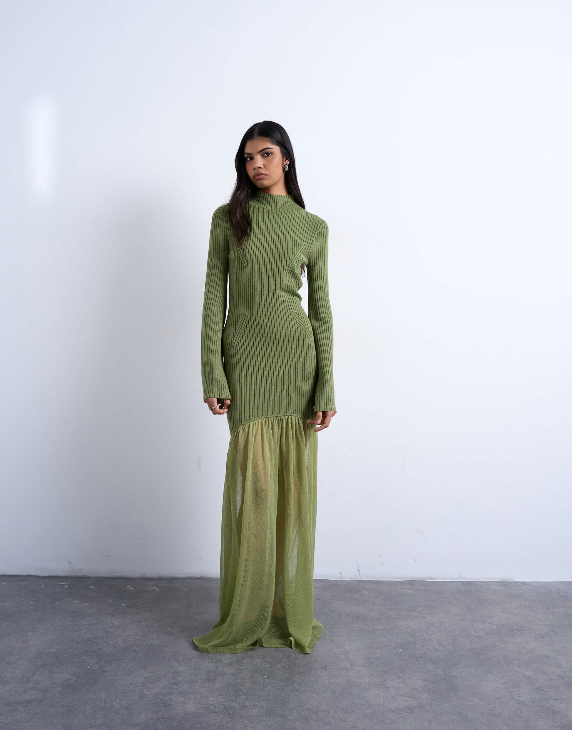 Topshop knitted full skirt dress in olive