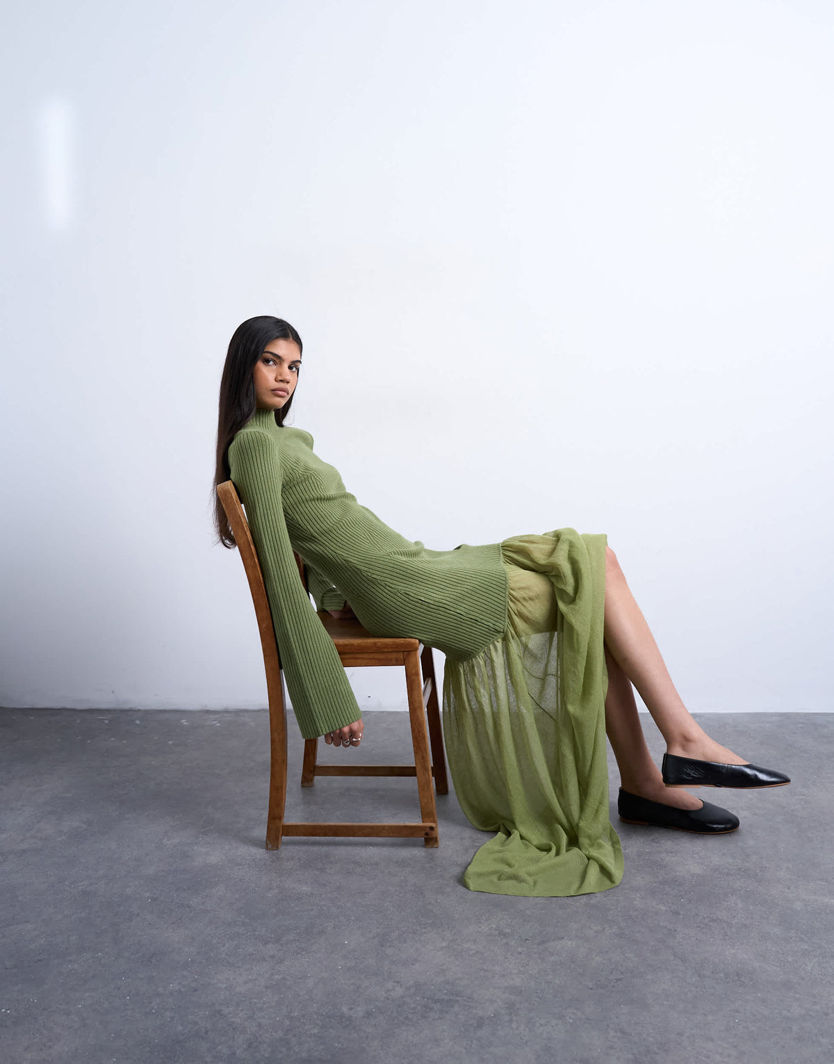 Topshop knitted full skirt dress in olive