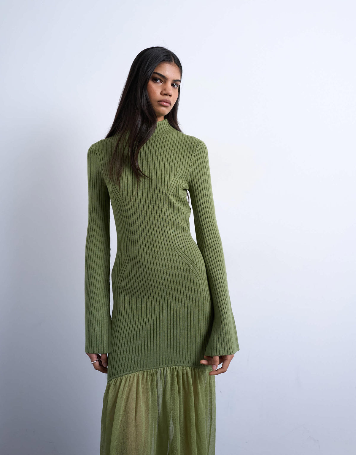 Topshop knitted full skirt dress in olive