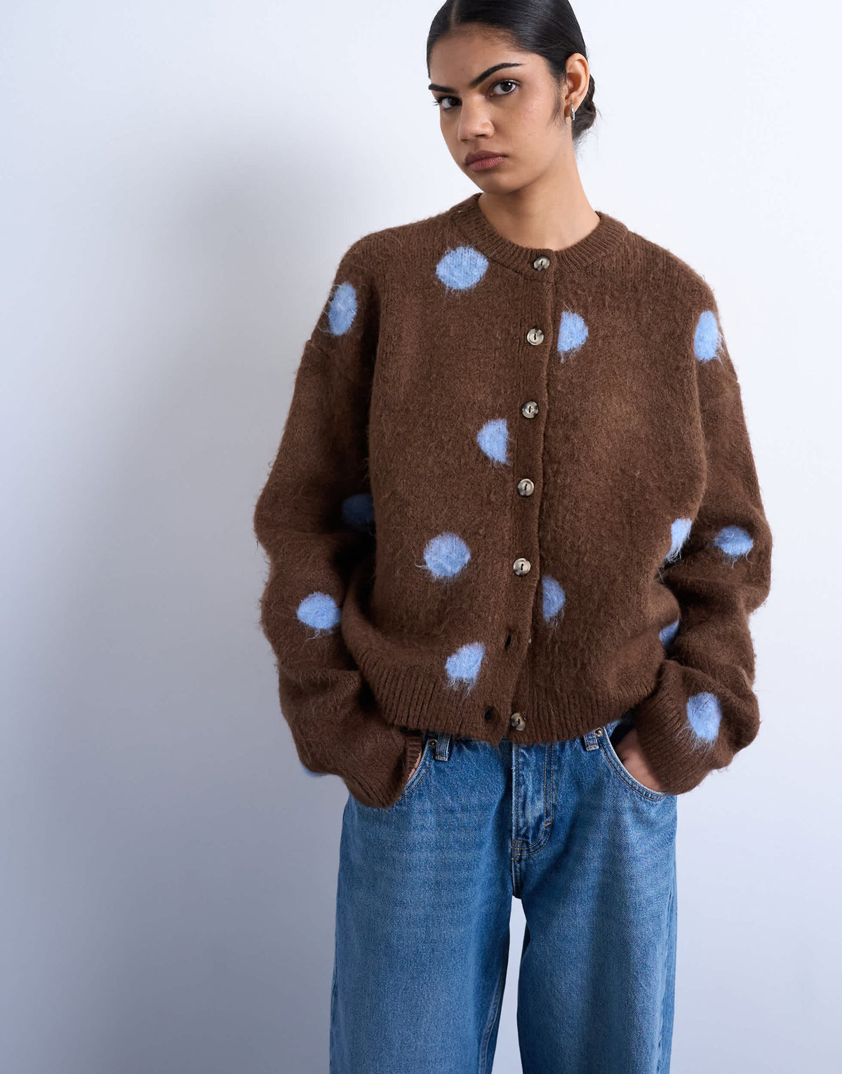 Topshop knitted brushed spot cardigan in brown
