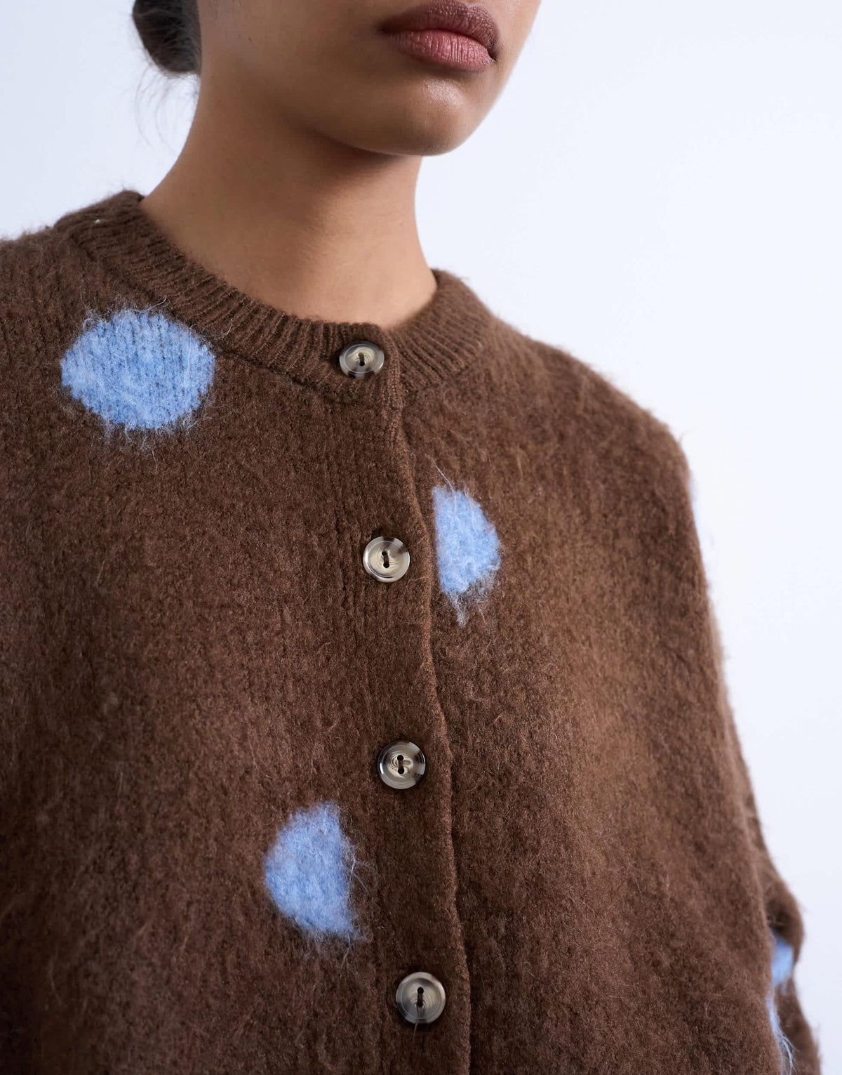 Topshop knitted brushed spot cardigan in brown
