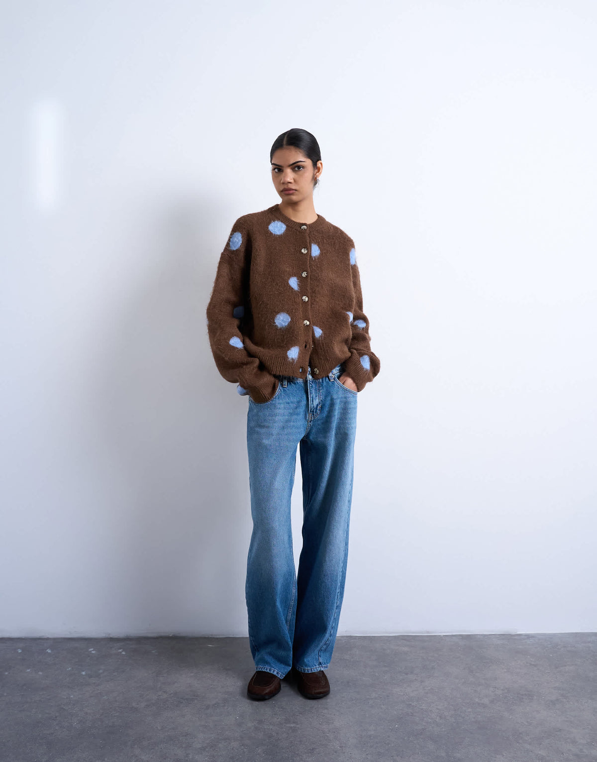 Topshop knitted brushed spot cardigan in brown