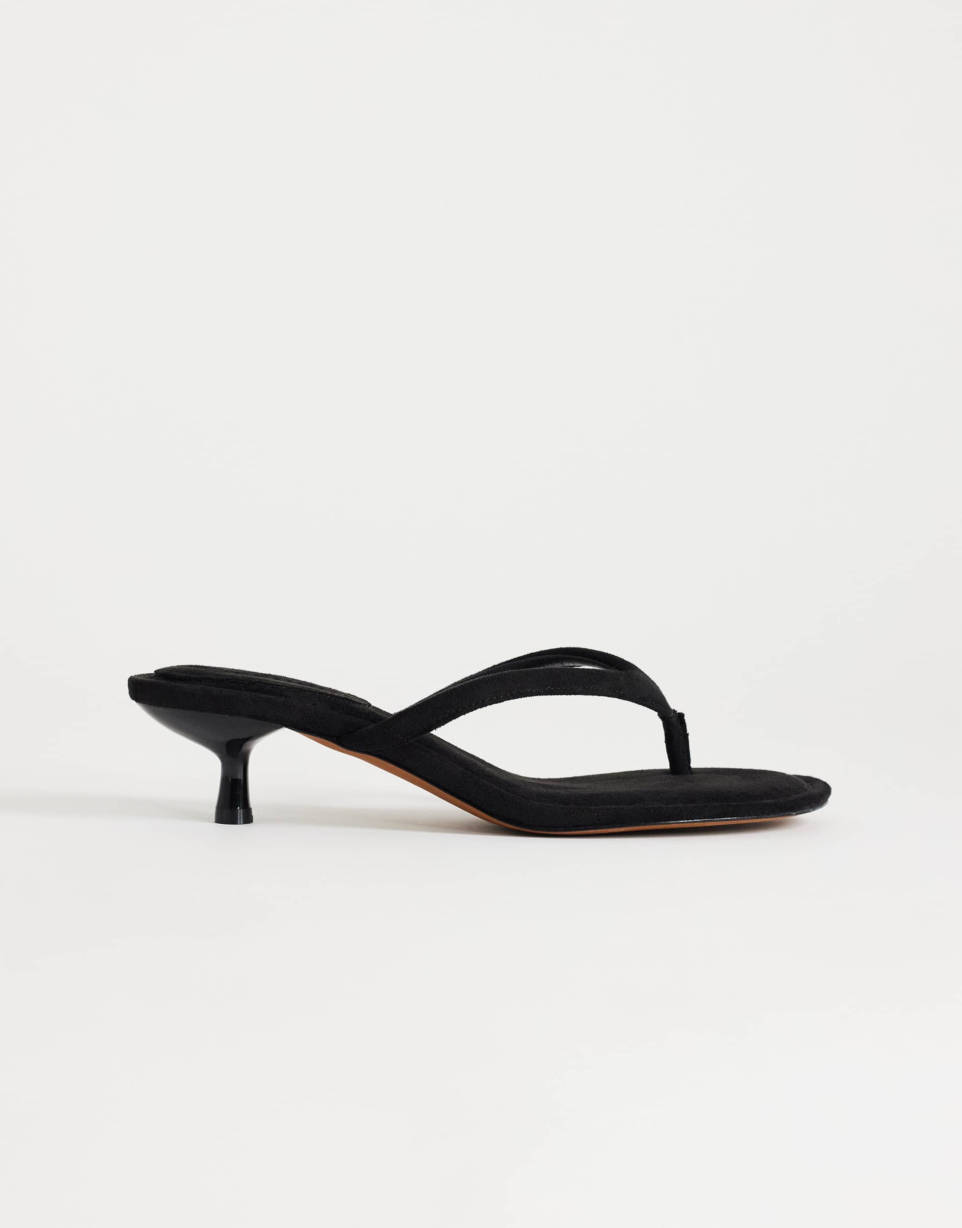 Topshop Axel toe thong mid heel sandal in black faux suede