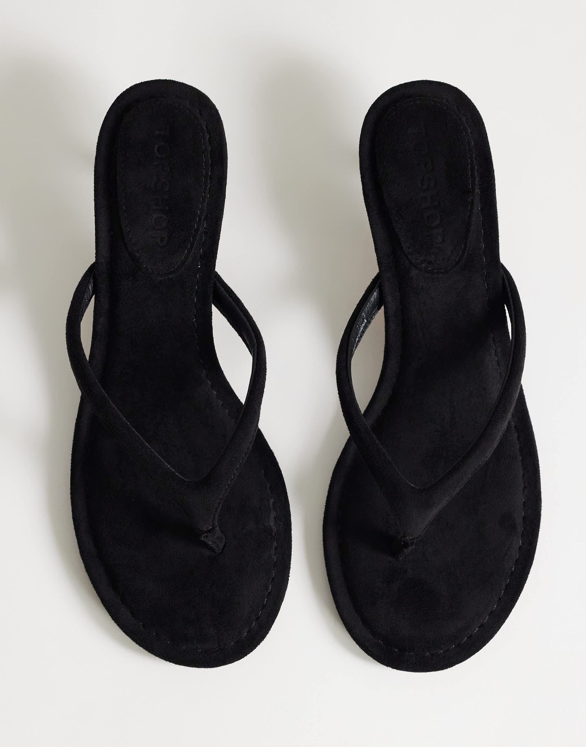 Topshop Axel toe thong mid heel sandal in black faux suede 