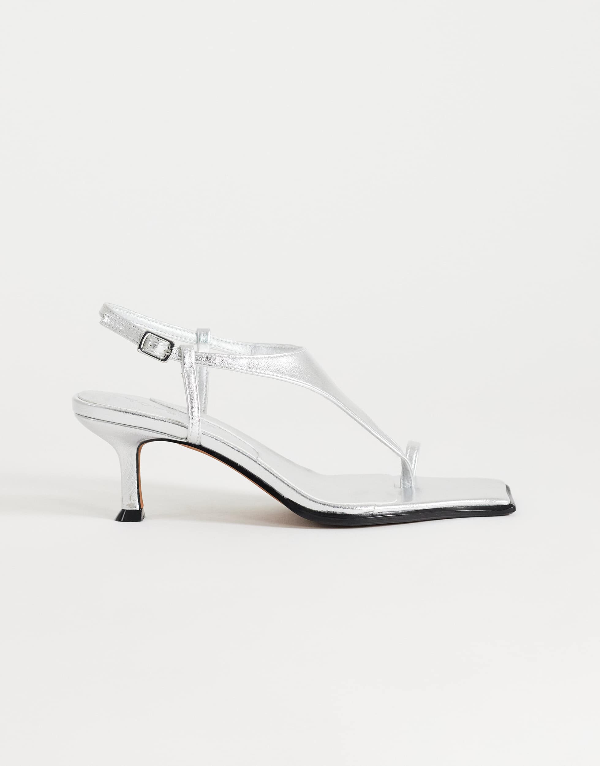 Topshop Selina tie up heeled sandal with toe loop in silver