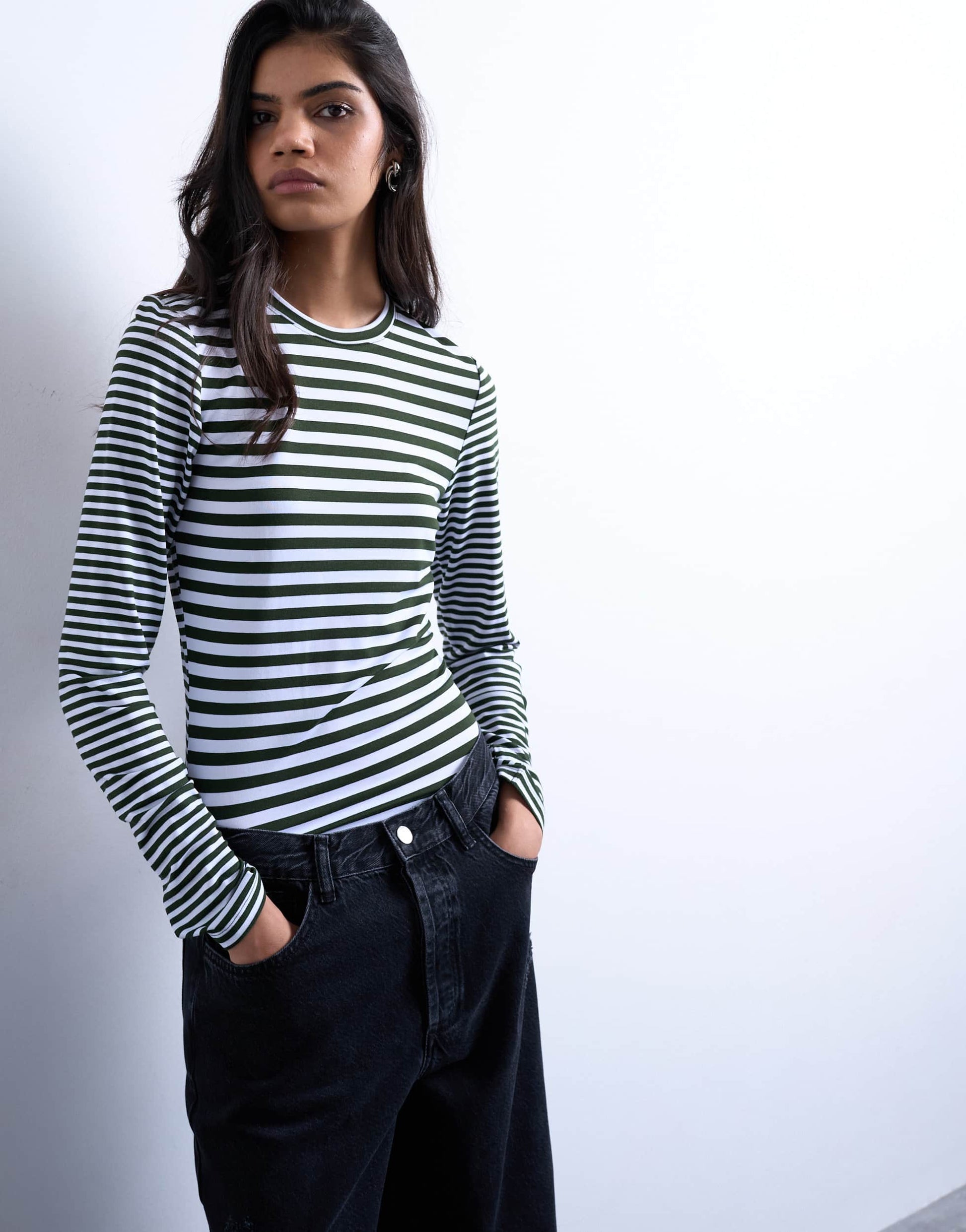 Topshop stripe contrast back long sleeve top in khaki