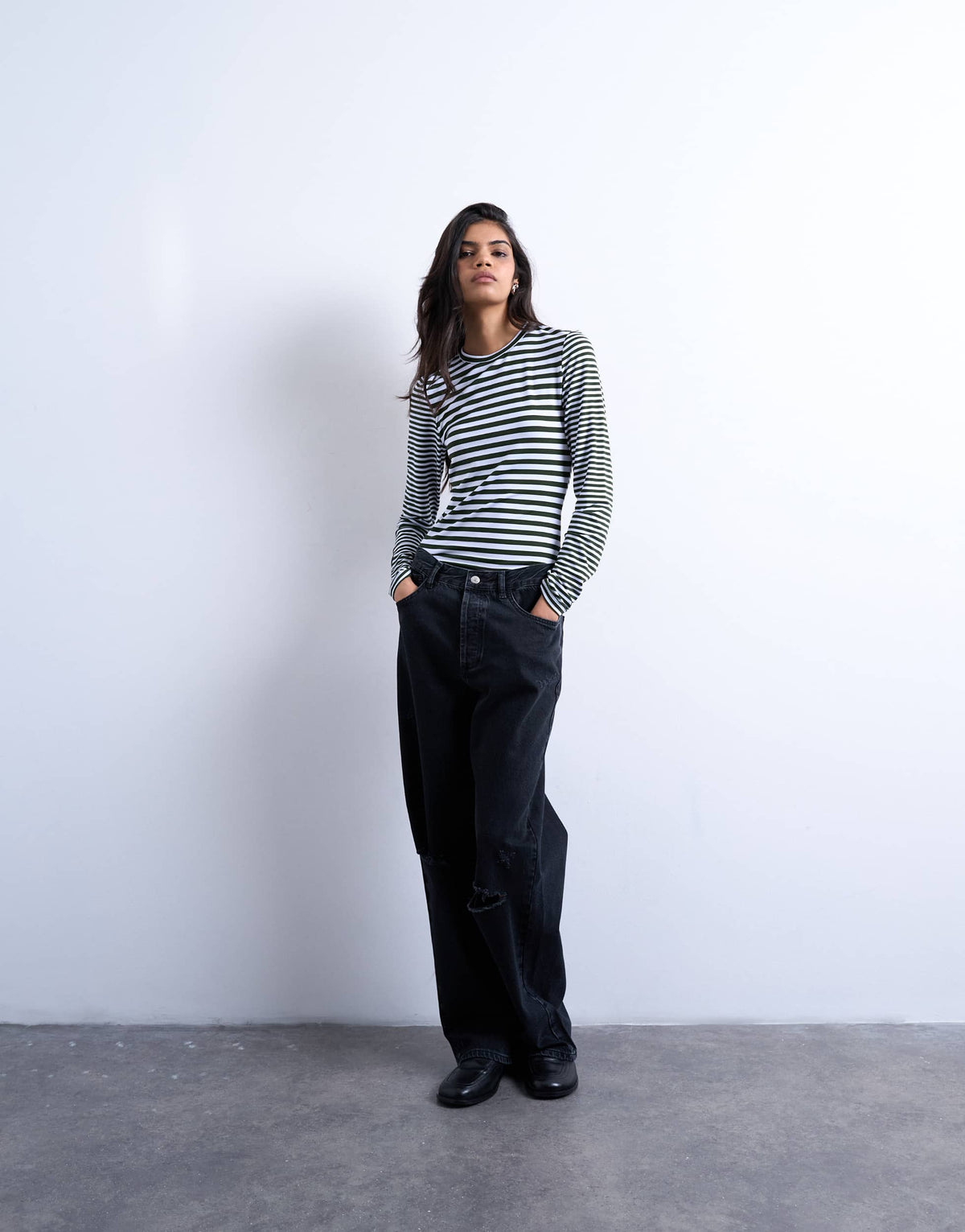Topshop stripe contrast back long sleeve top in khaki