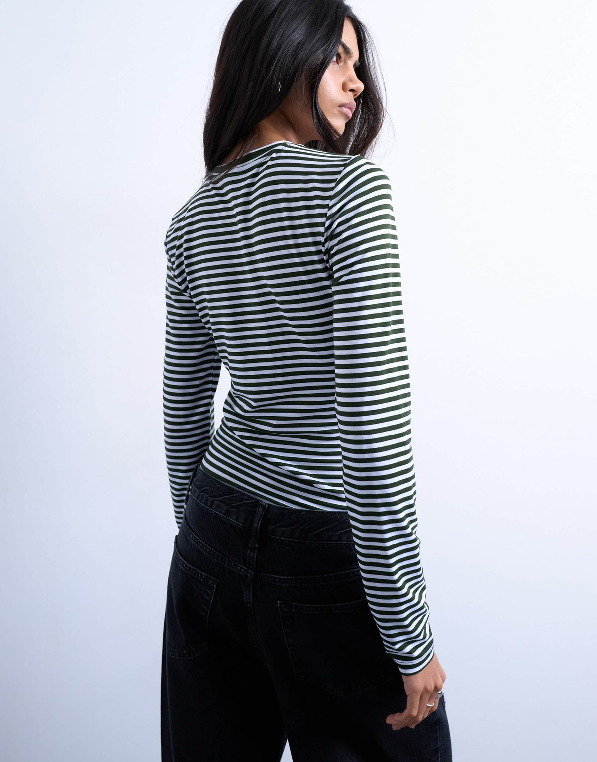 Topshop stripe contrast back long sleeve top in khaki