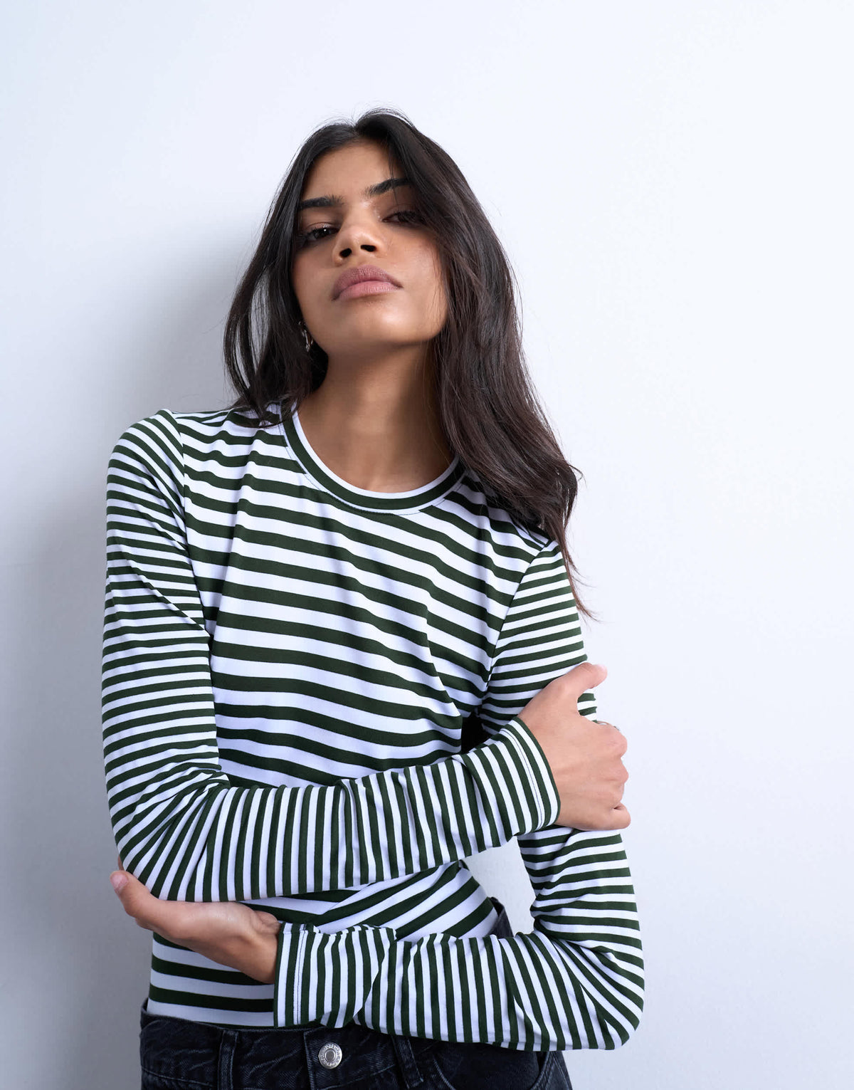 Topshop stripe contrast back long sleeve top in khaki