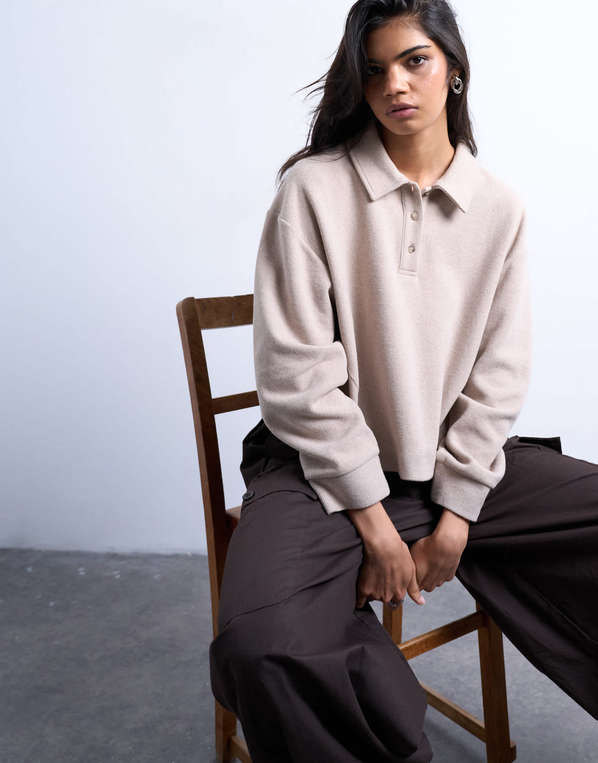 Topshop soft touch boxy long sleeve polo in taupe