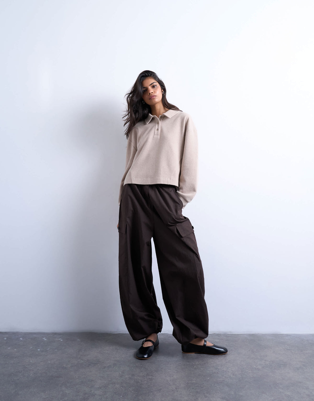 Topshop soft touch boxy long sleeve polo in taupe