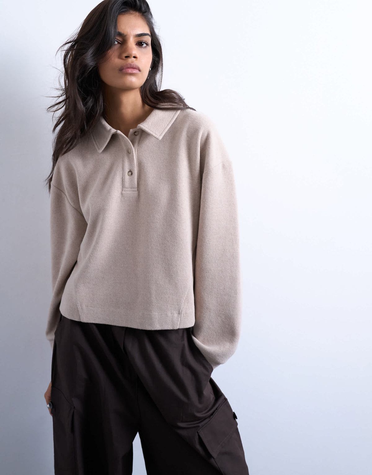 Topshop soft touch boxy long sleeve polo in taupe