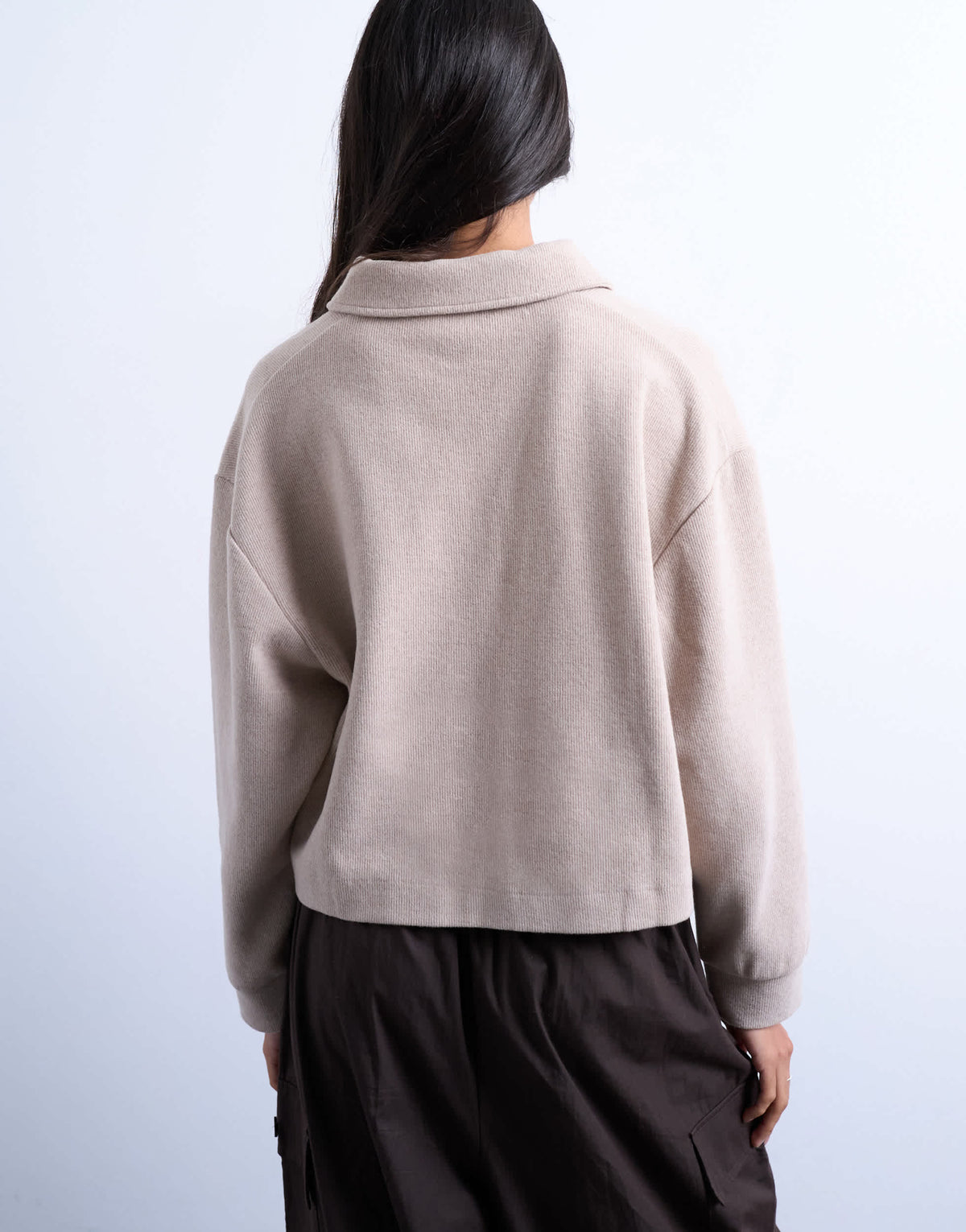 Topshop soft touch boxy long sleeve polo in taupe