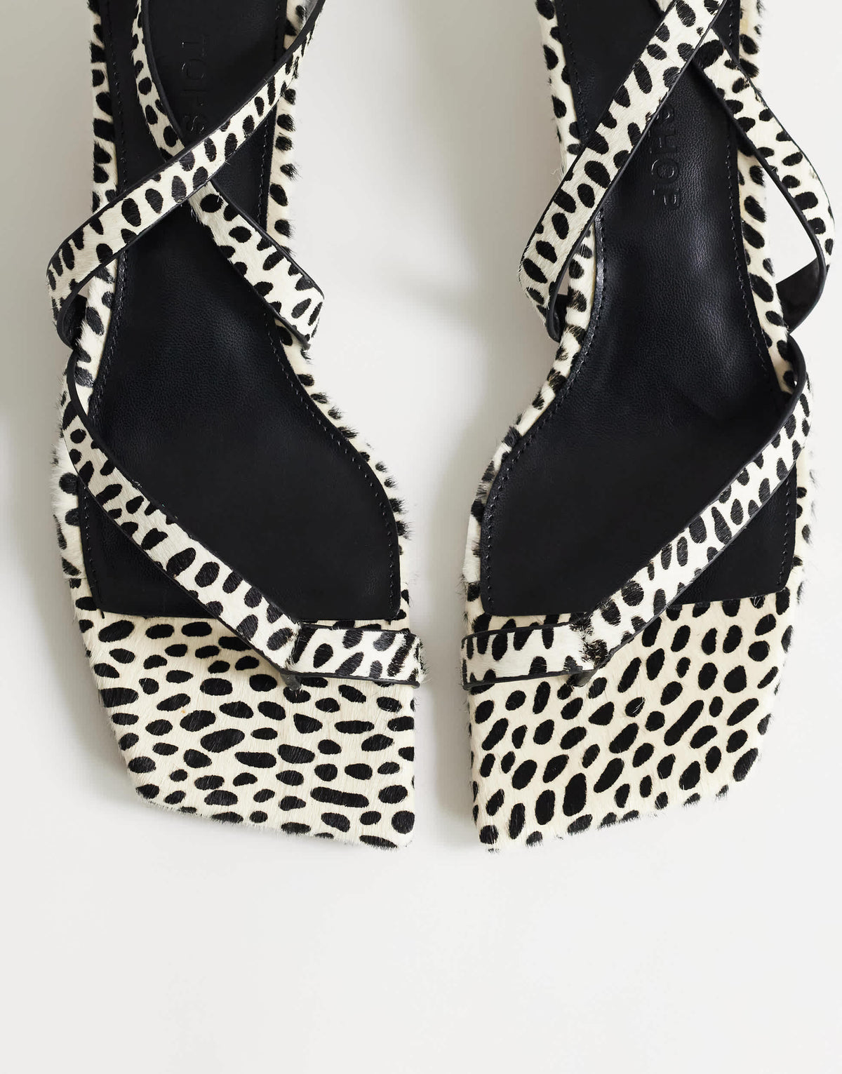 Topshop Sophie strappy mid heel sandal in dalmatian print hair on real leather