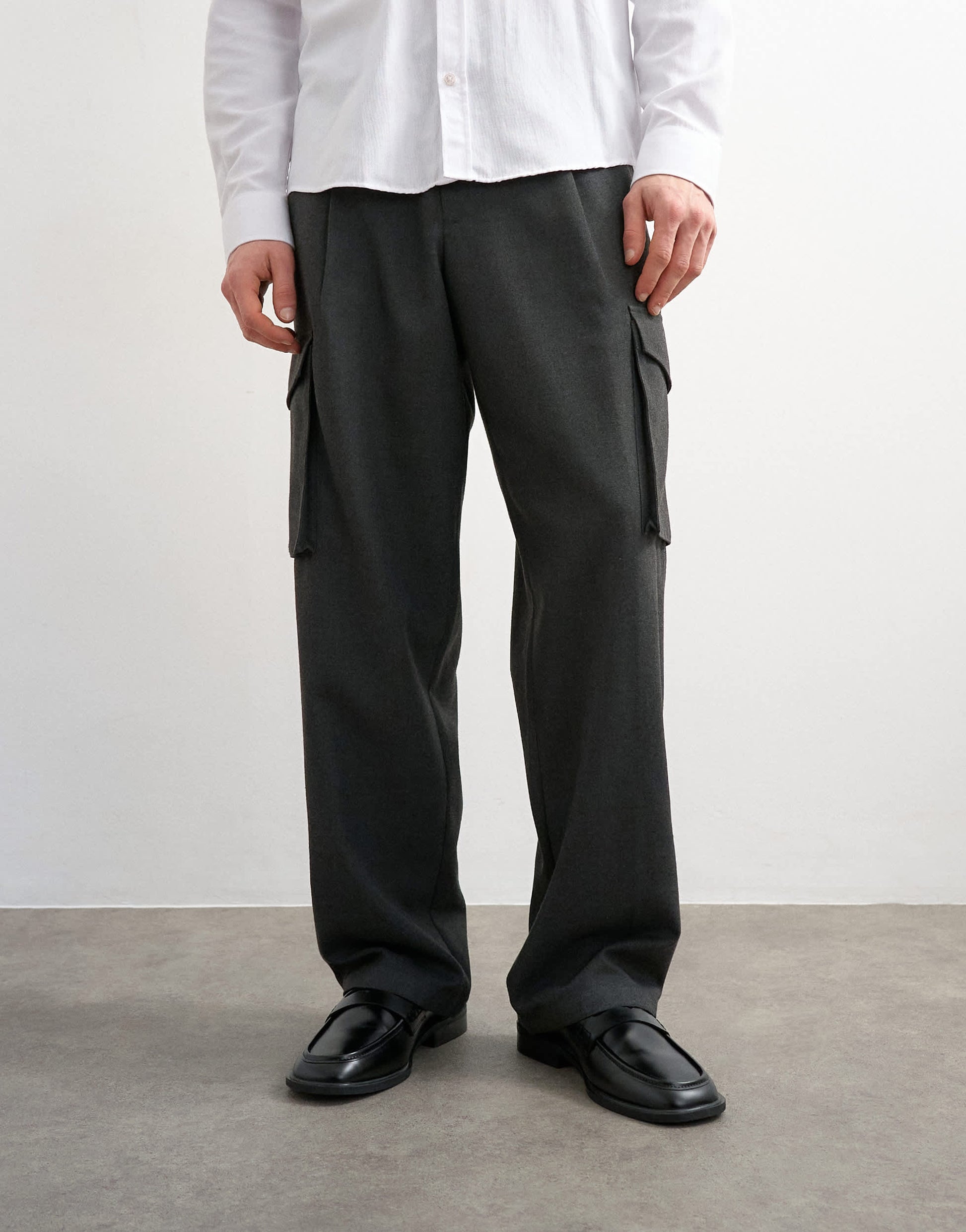 Topman wide leg belted smart trouser with side pockets in charcoal