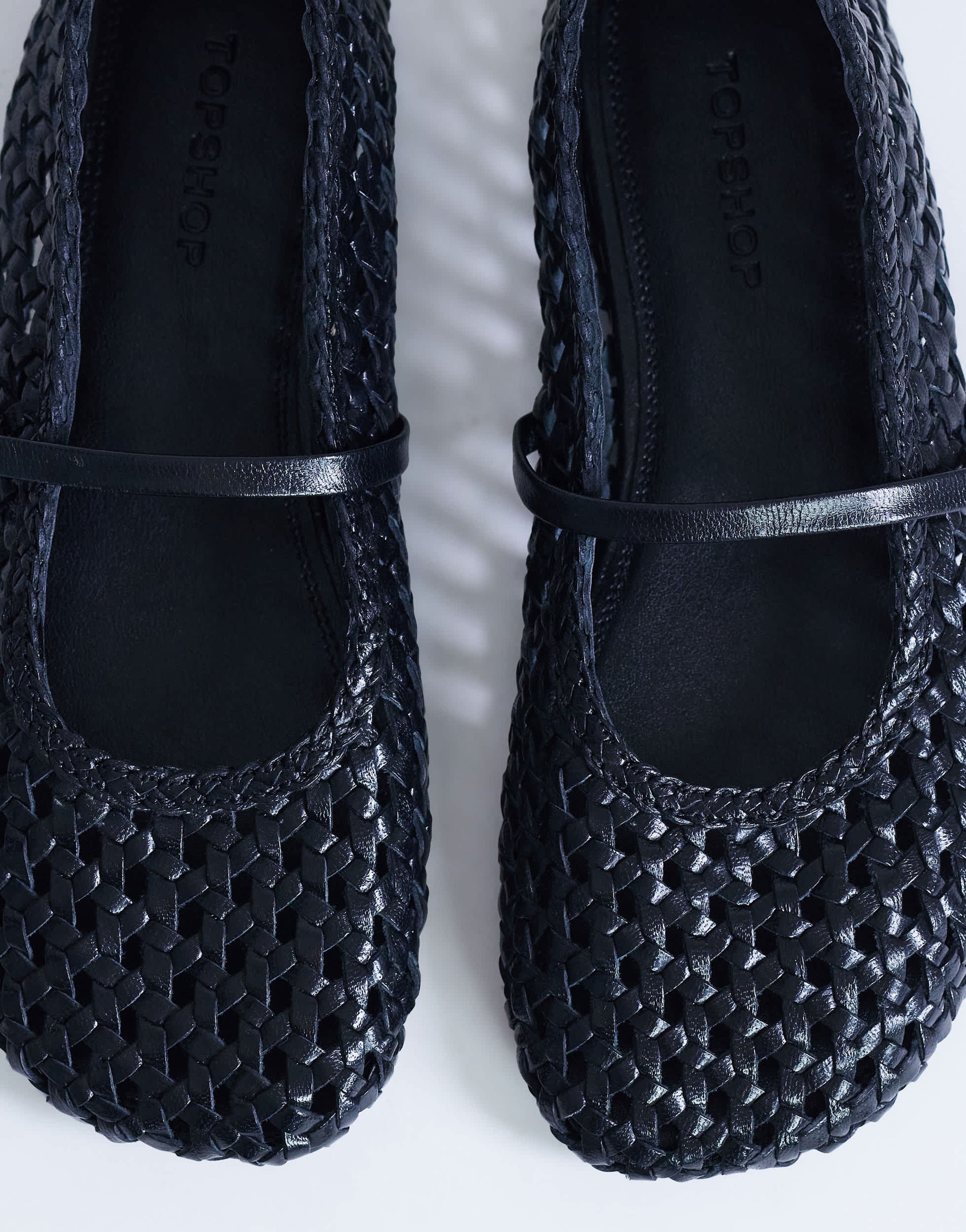 Topshop Bobbi leather woven ballet in black