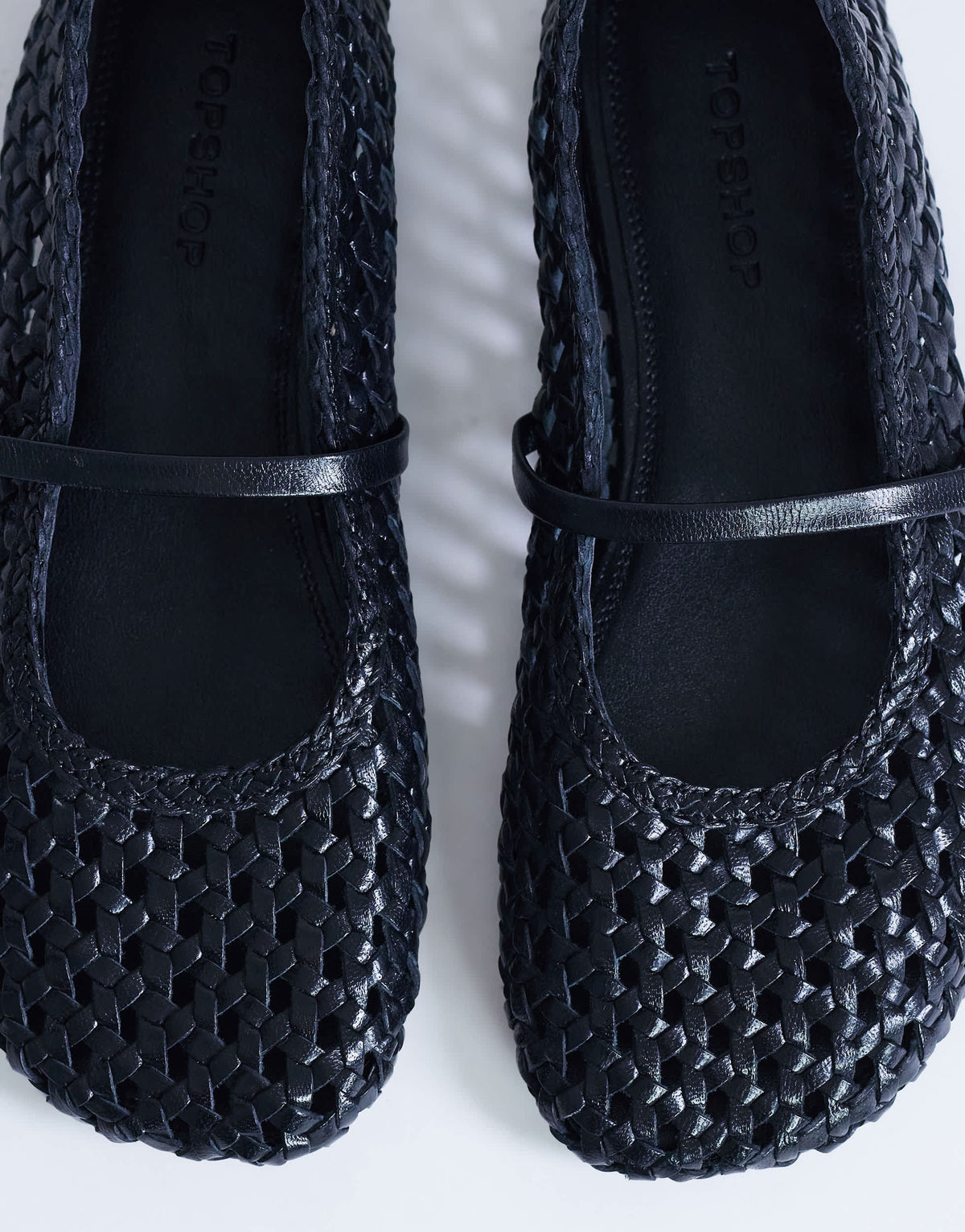 Topshop Bobbi leather woven ballet in black