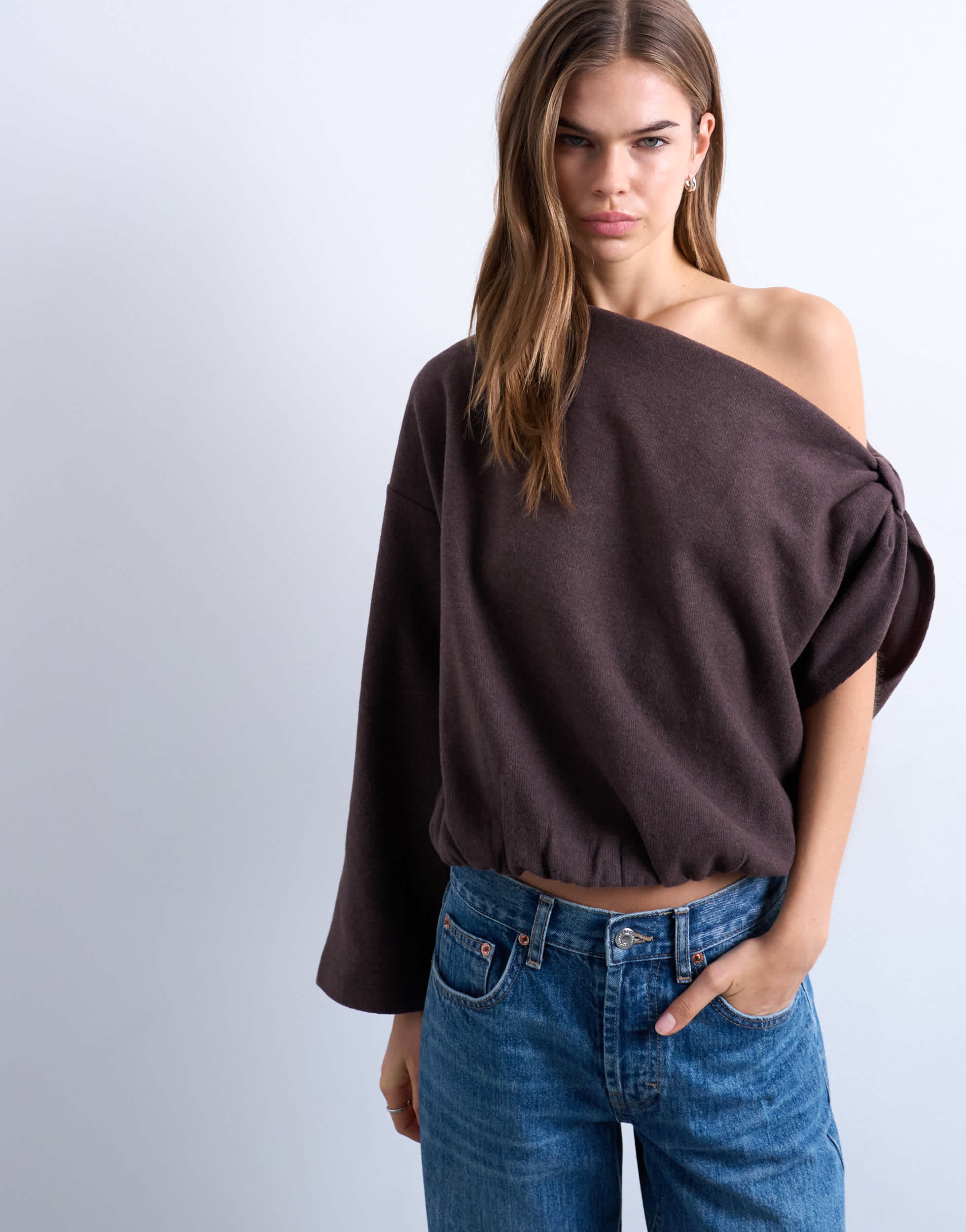Topshop soft touch off shoulder knot side long sleeve top in chocolate