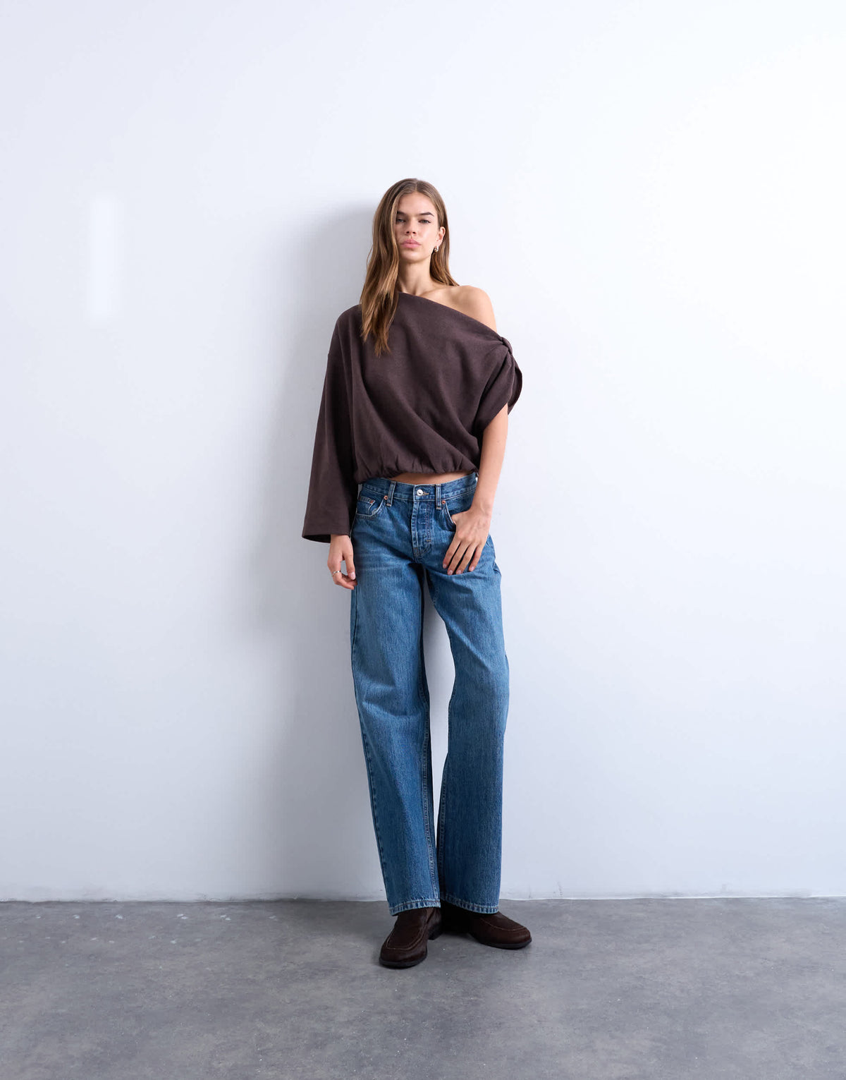 Topshop soft touch off shoulder knot side long sleeve top in chocolate