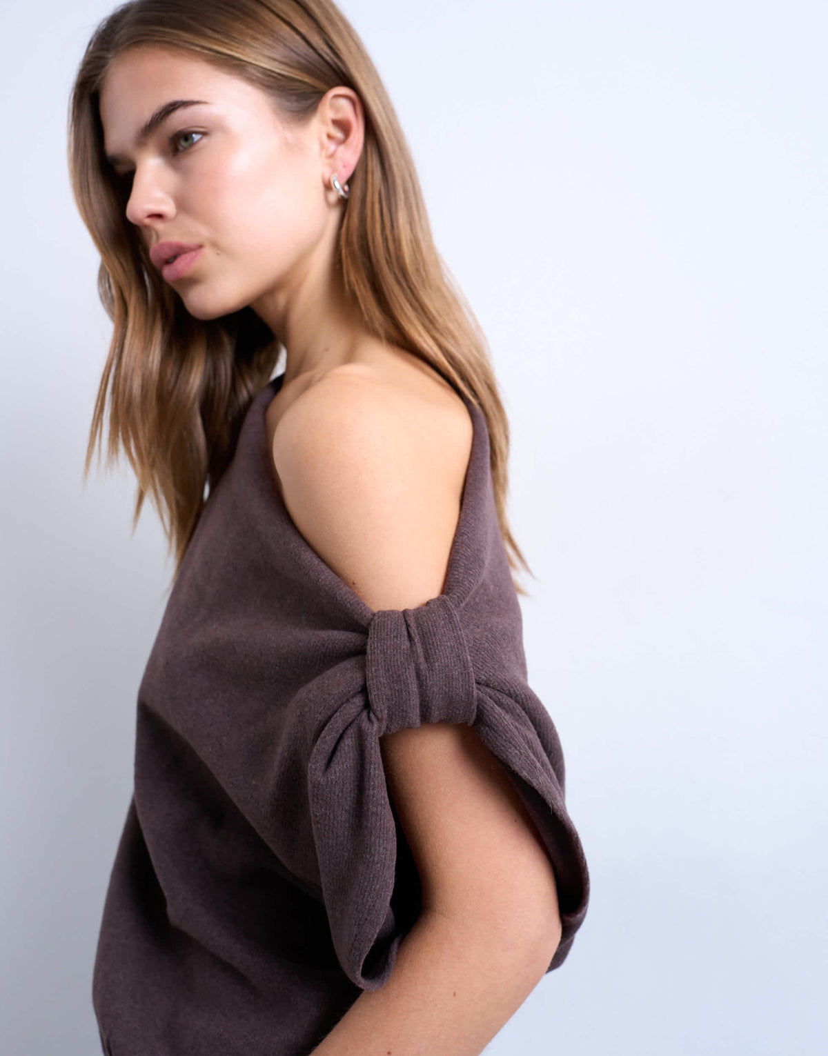 Topshop soft touch off shoulder knot side long sleeve top in chocolate
