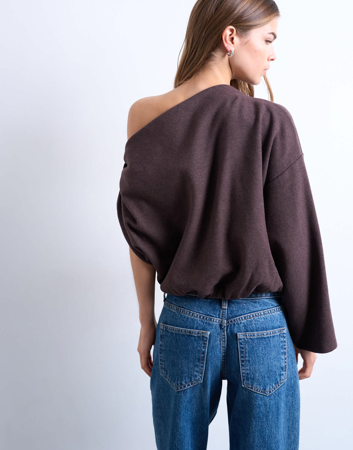 Topshop soft touch off shoulder knot side long sleeve top in chocolate