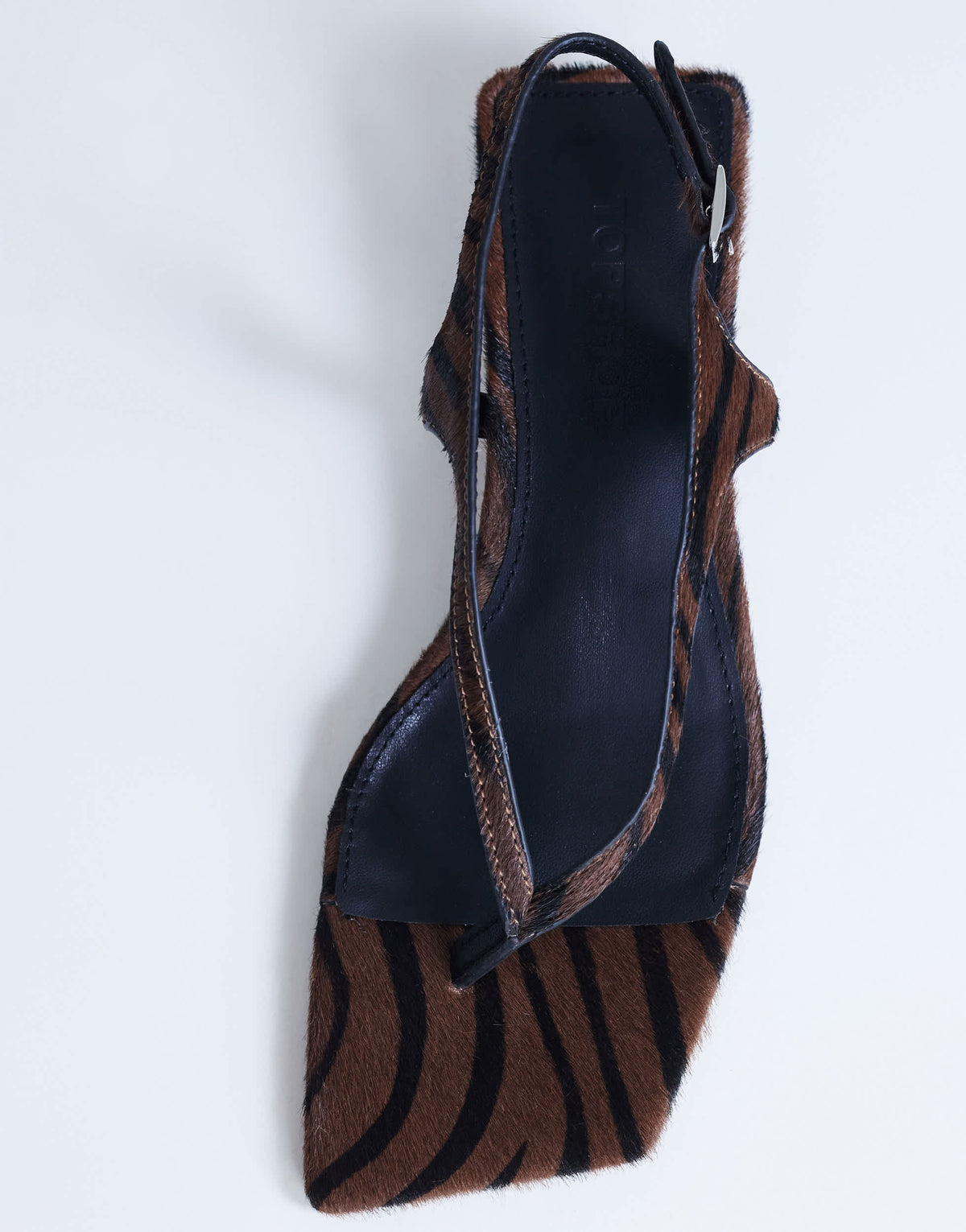 Topshop Sunshine toe thong mid heel sandal in brown zebra hair on real leather 