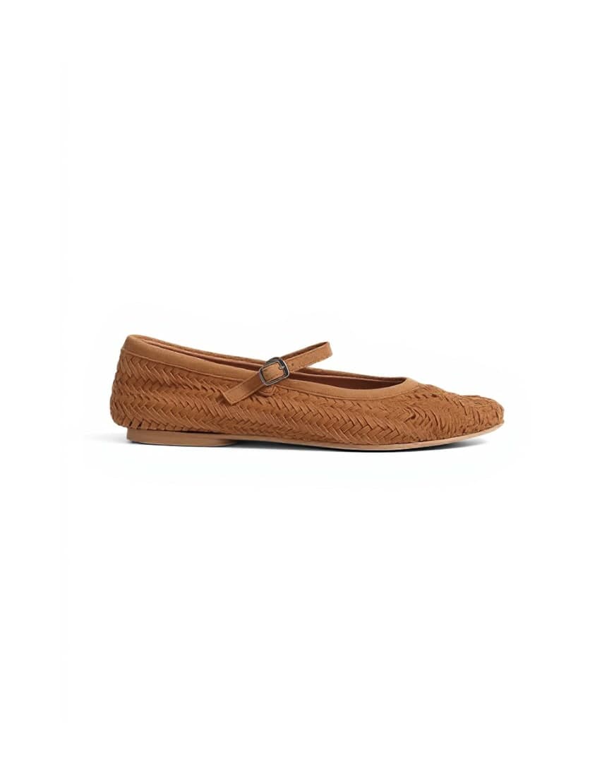 Topshop Bonnie real suede woven ballet in tan