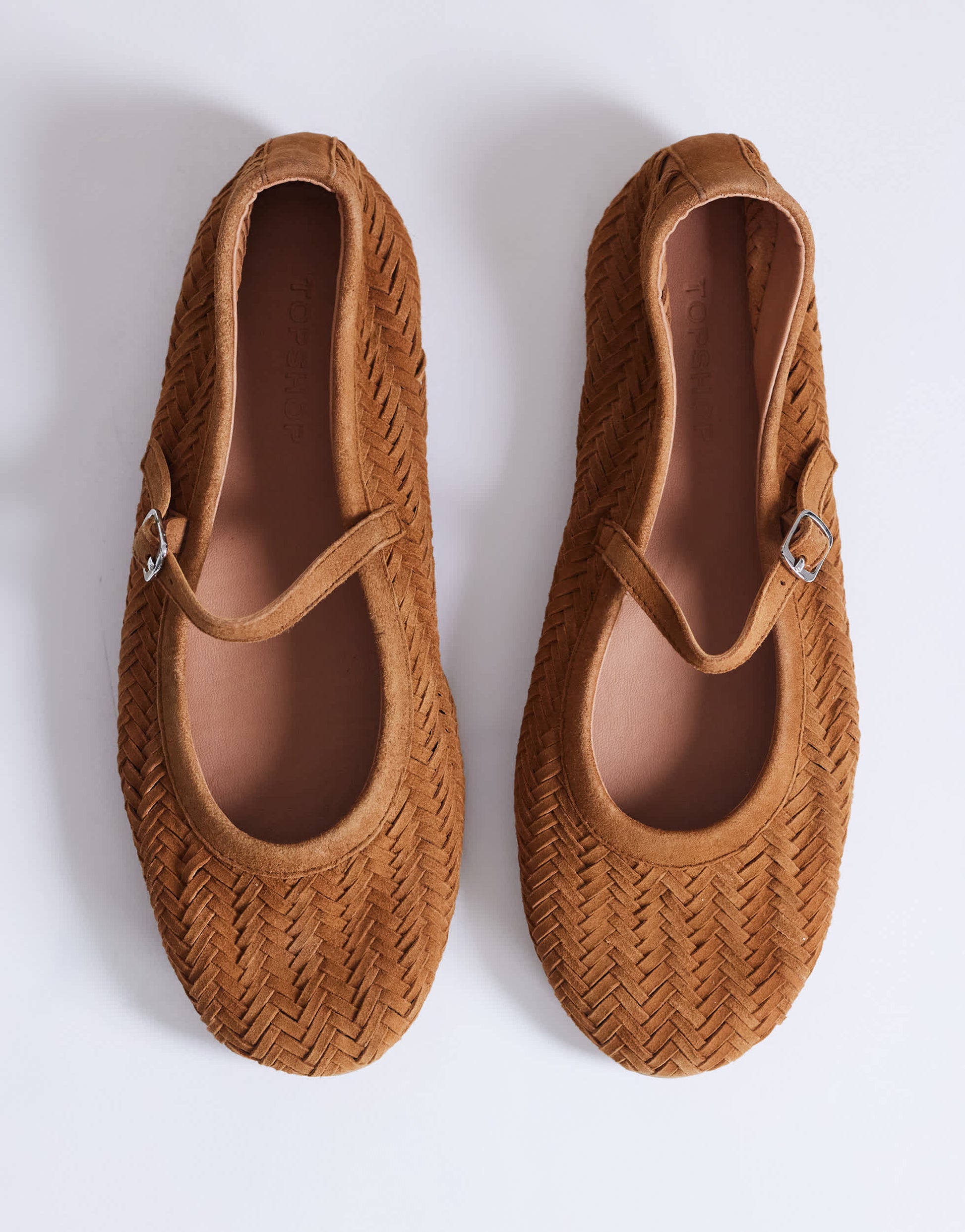 Topshop Bonnie real suede woven ballet in tan