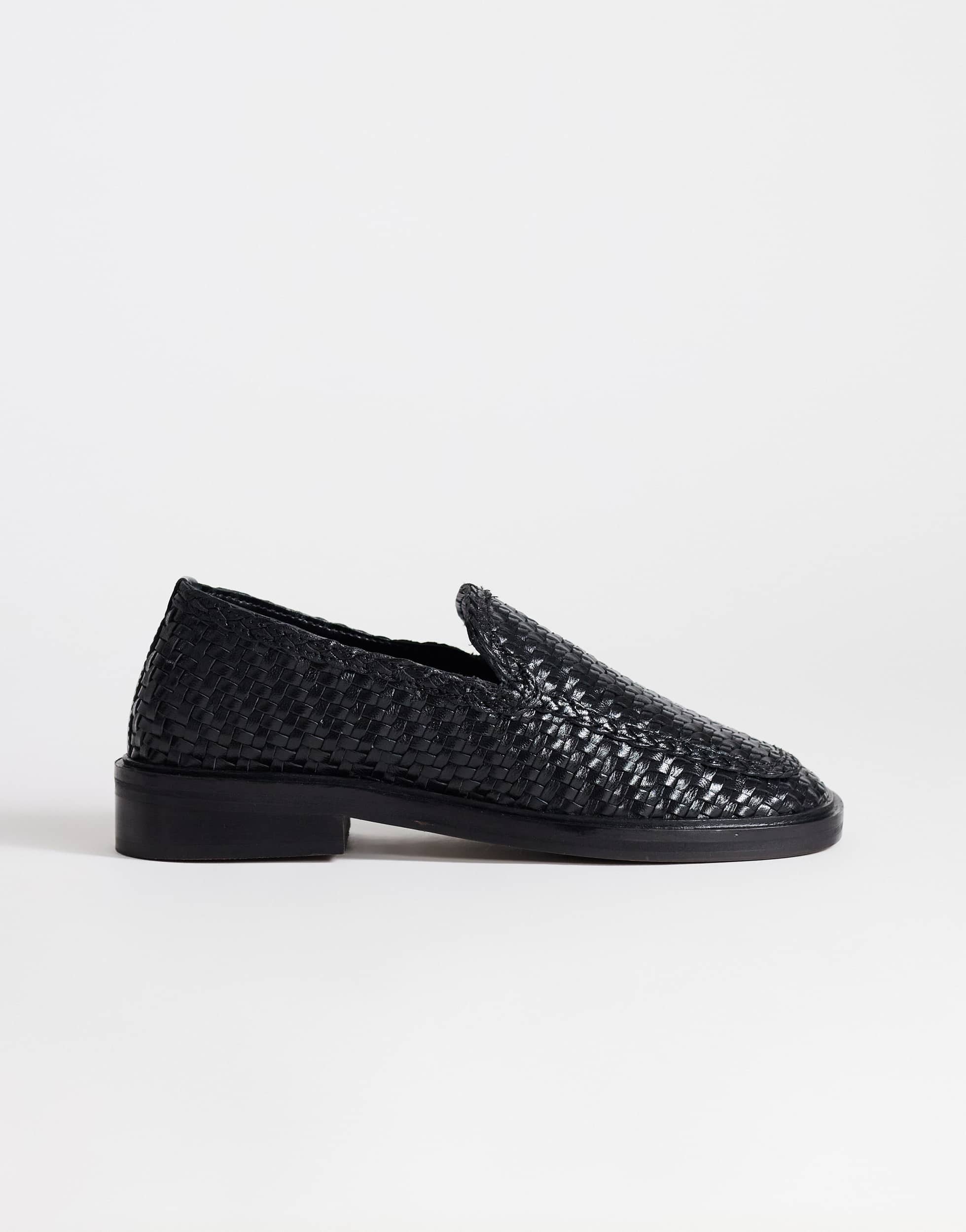 Topshop Bali real leather weave flat shoe loafer in black