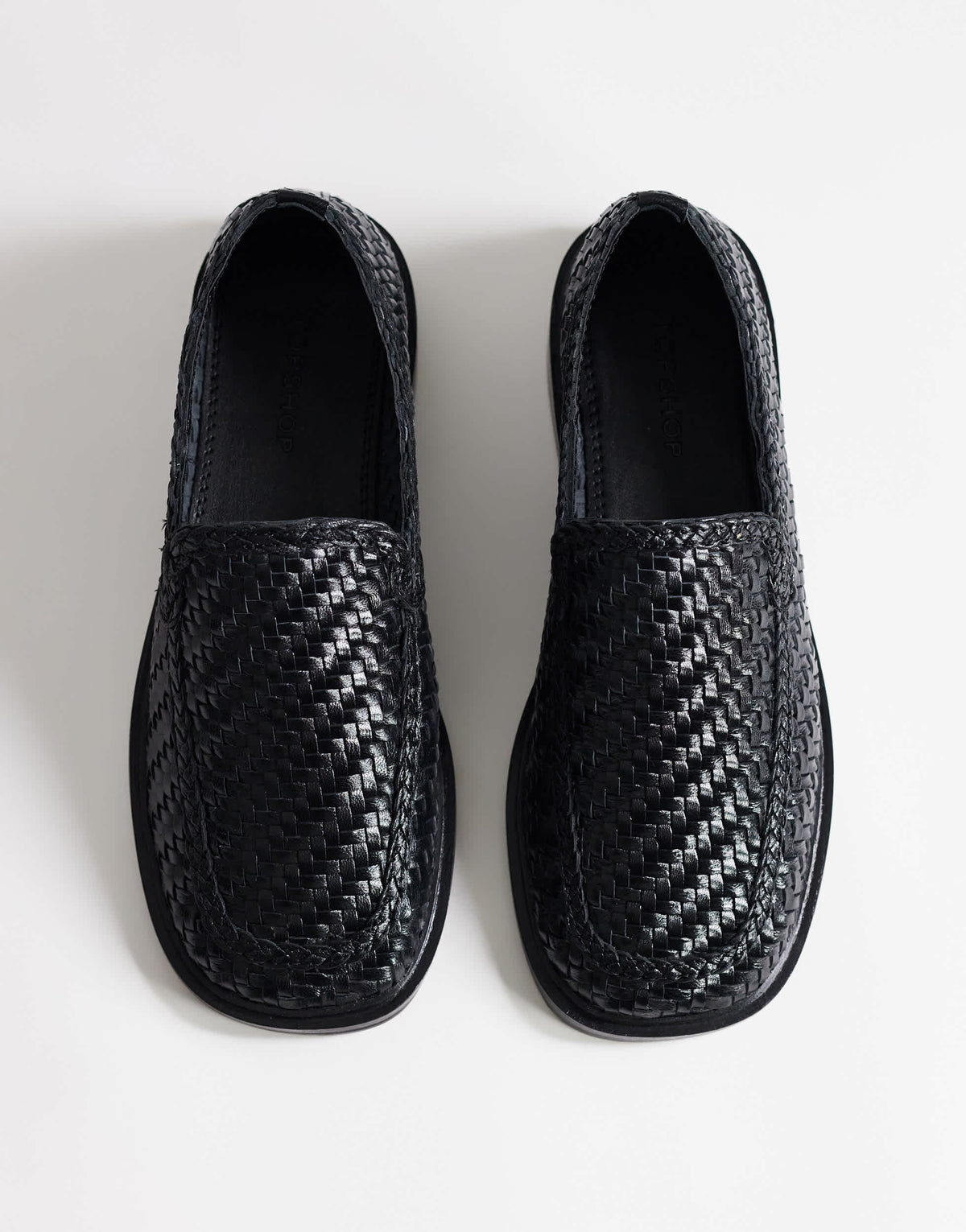 Topshop Bali real leather weave flat shoe loafer in black