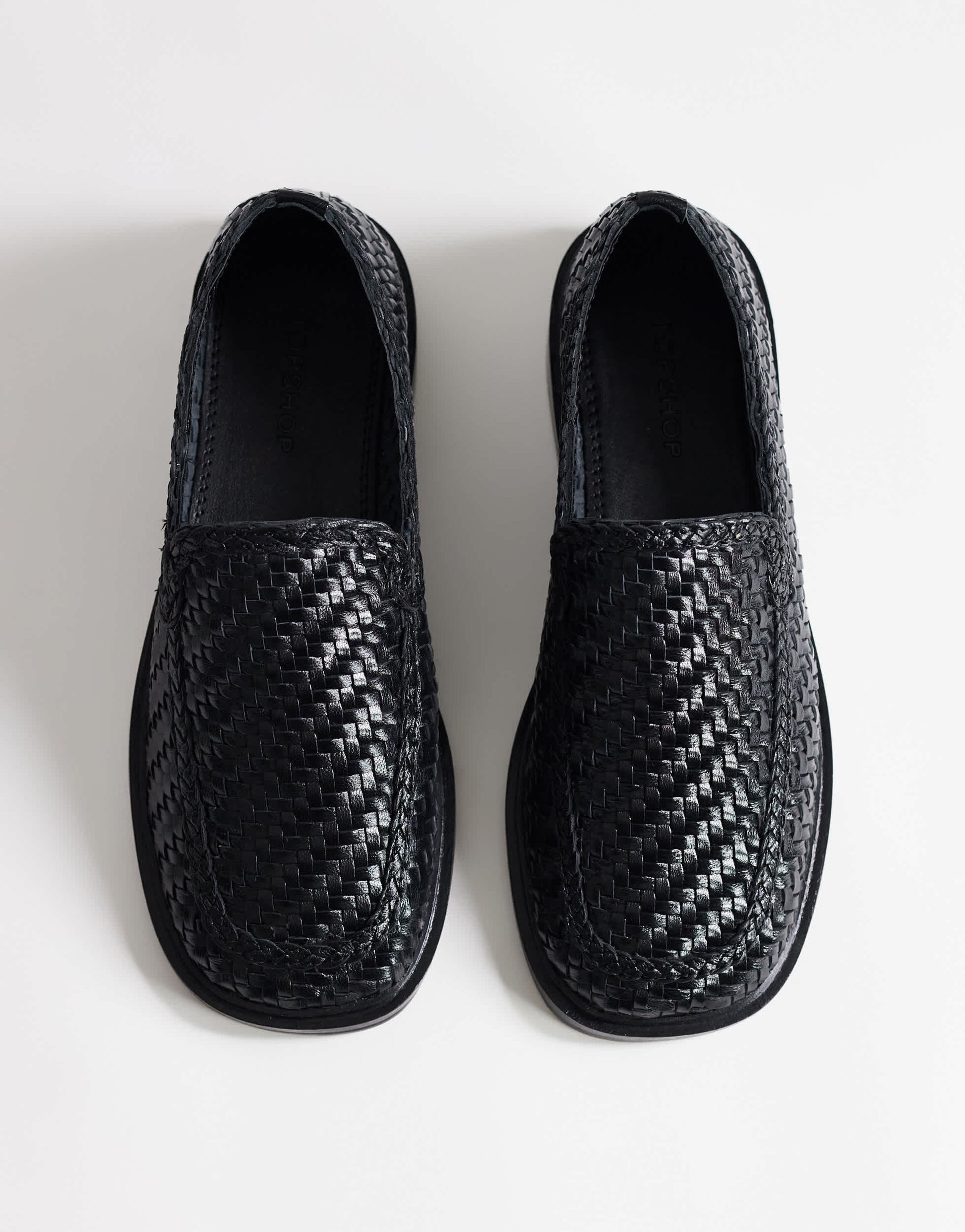 Topshop Bali real leather weave flat shoe loafer in black
