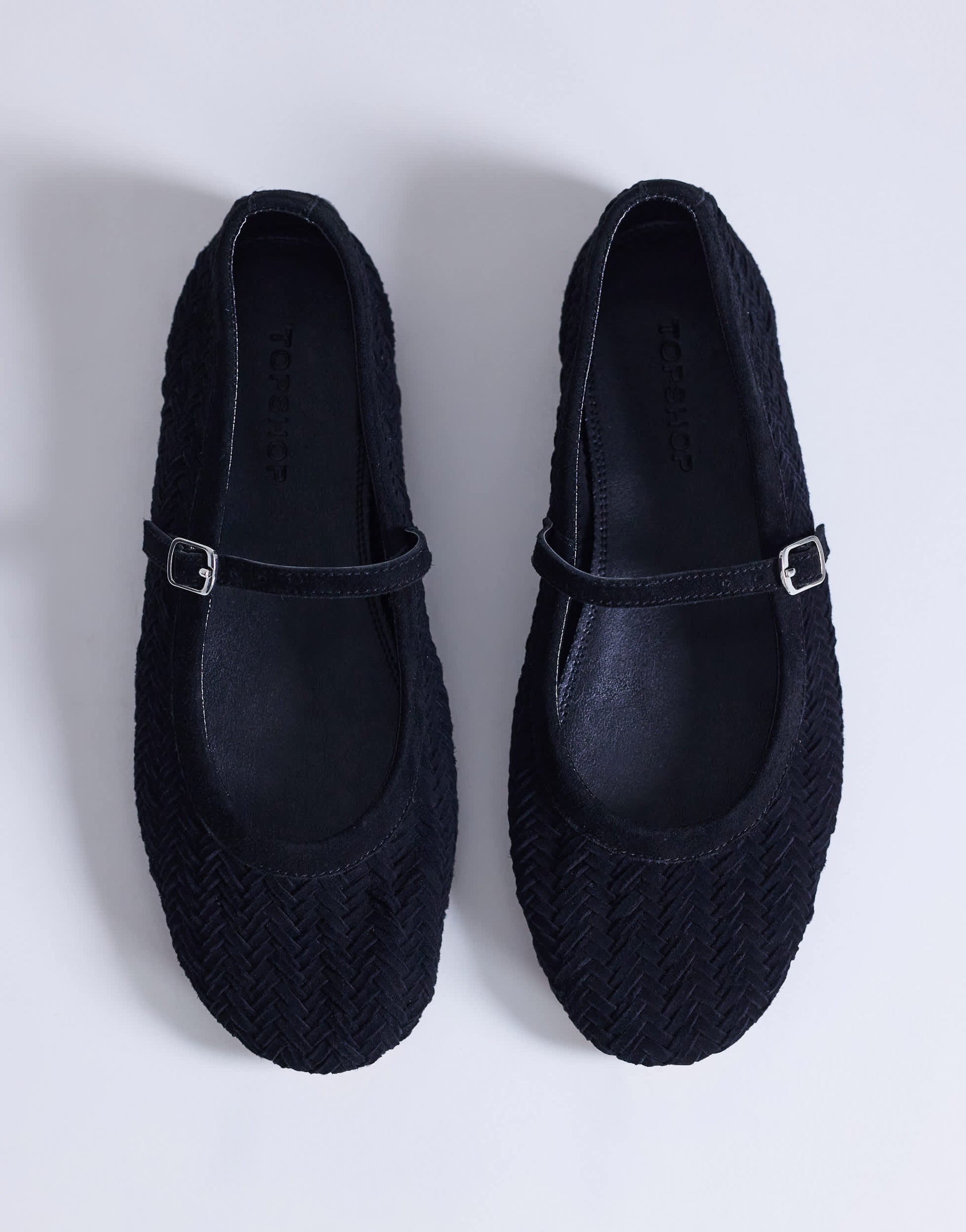 Topshop Bonnie real suede woven ballet in black