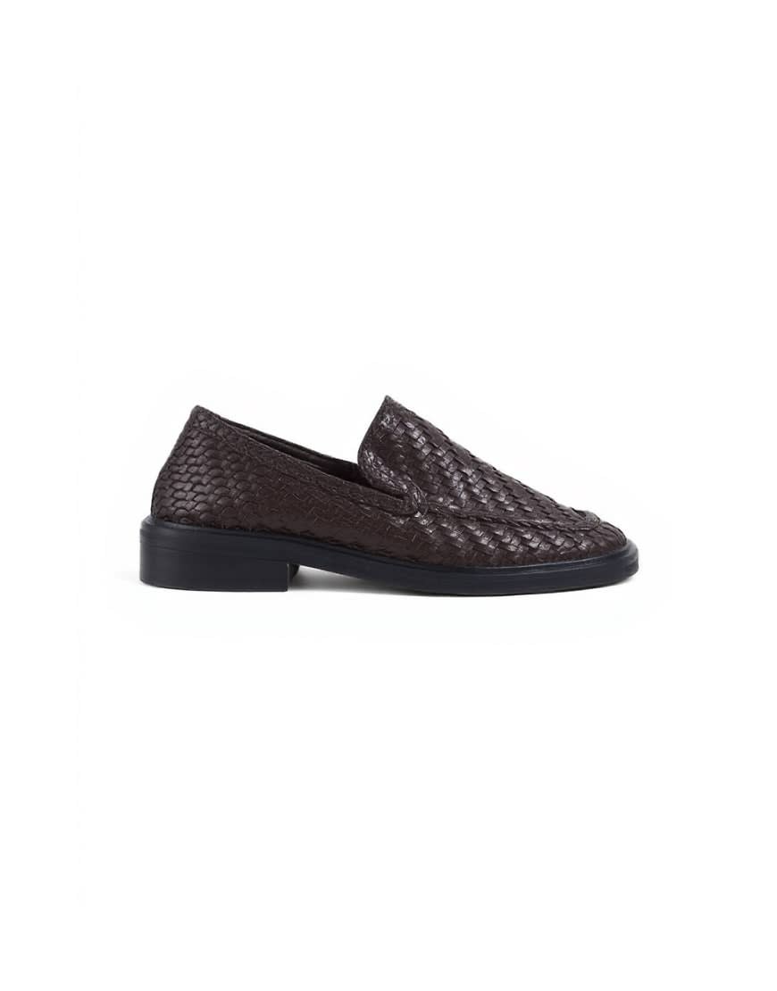 Topshop Bali real leather weave flat shoe loafer in chocolate