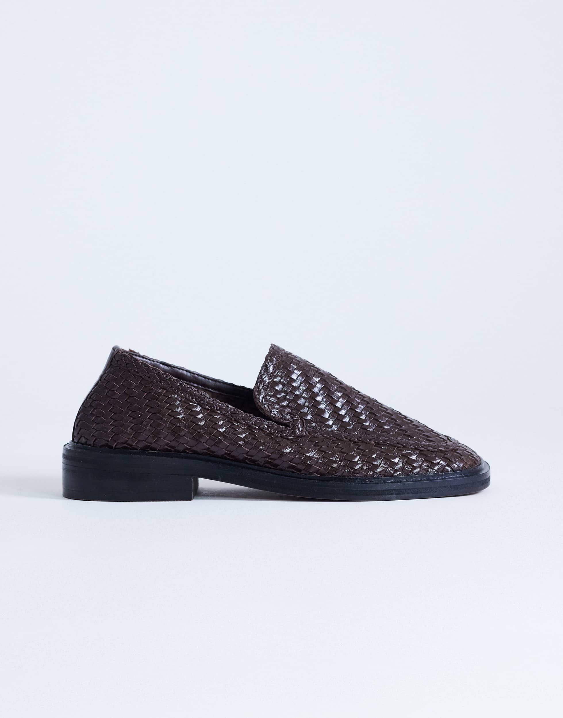 Topshop Bali real leather weave flat shoe loafer in chocolate