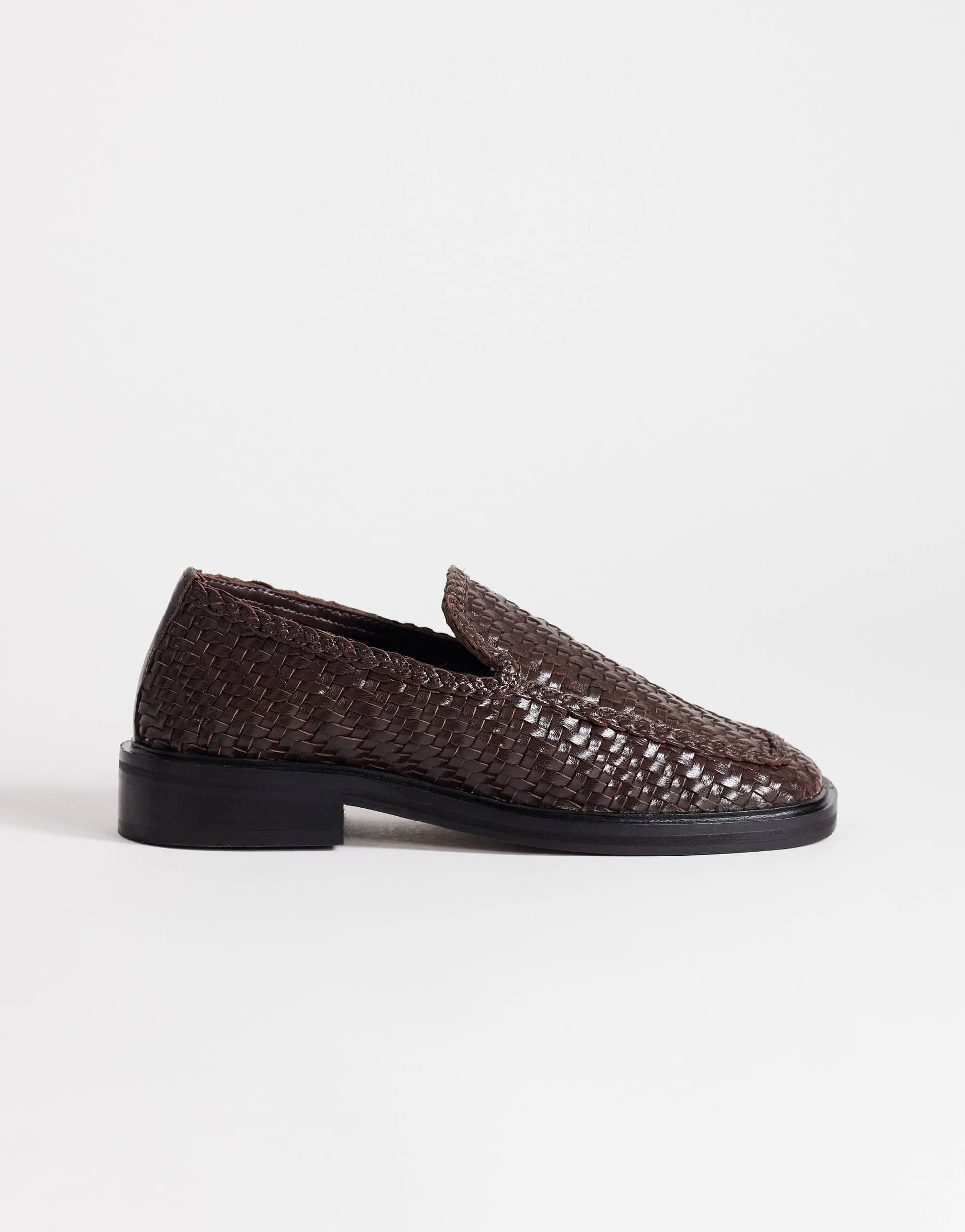 Topshop Bali real leather weave flat shoe loafer in chocolate