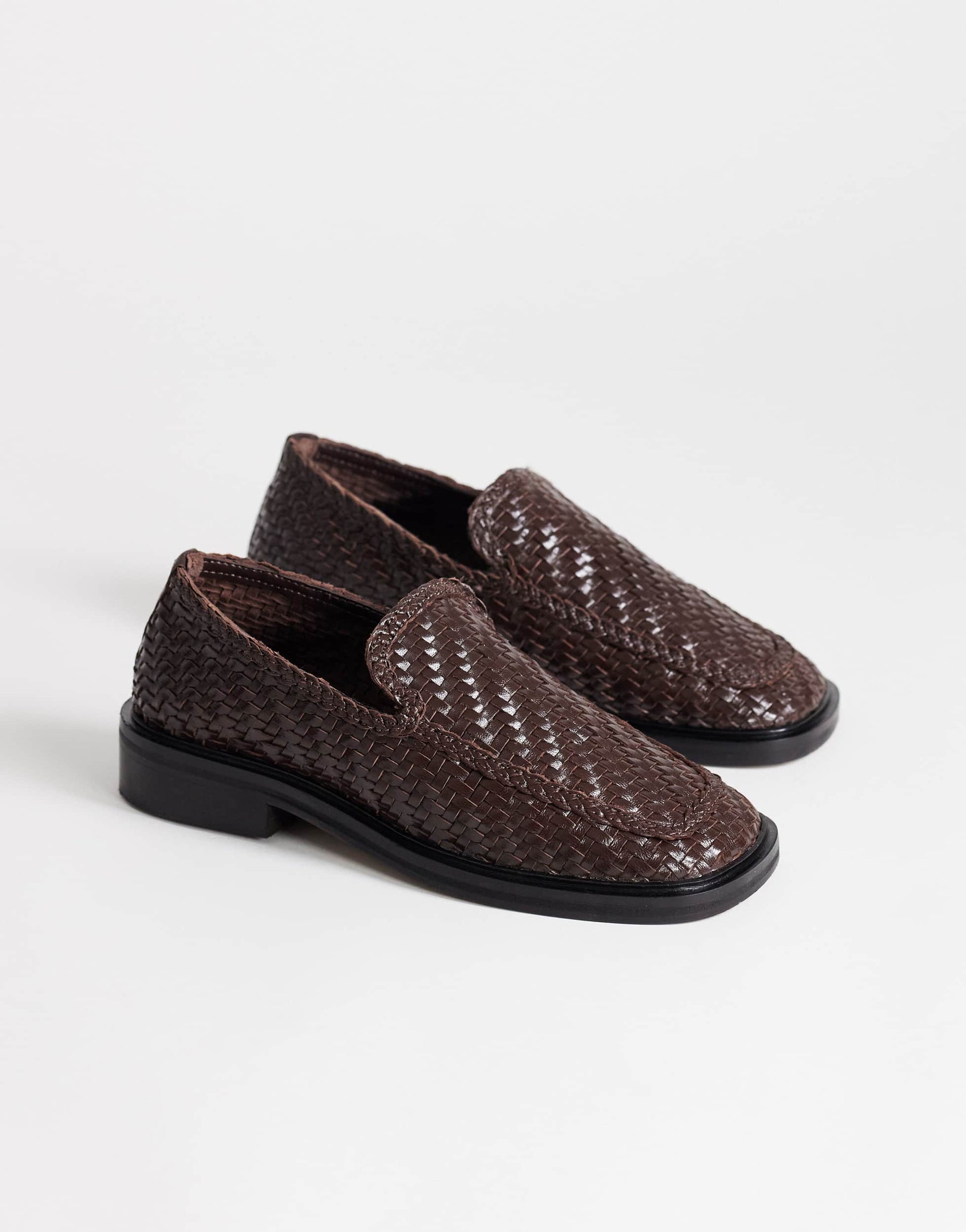 Topshop Bali real leather weave flat shoe loafer in chocolate