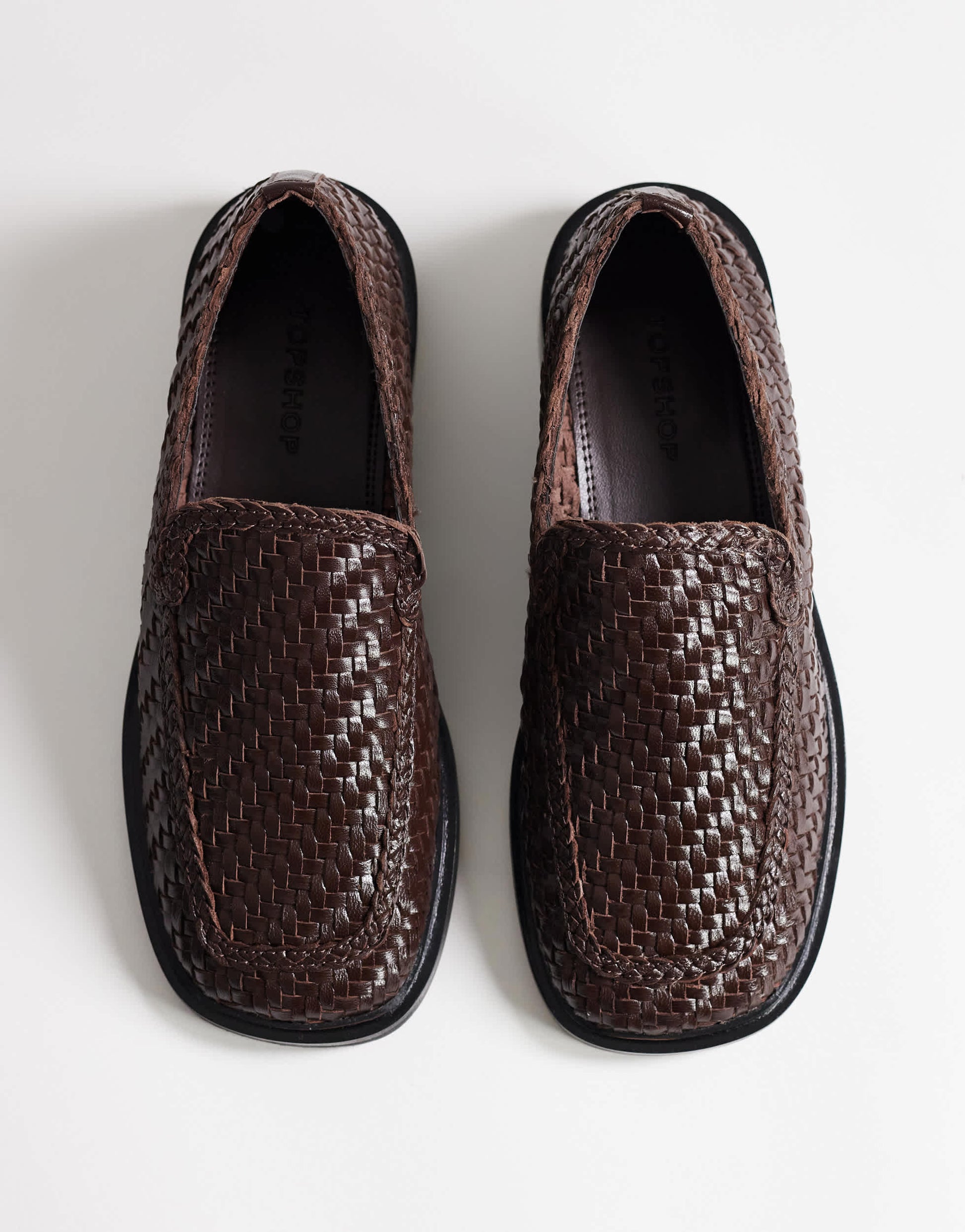 Topshop Bali real leather weave flat shoe loafer in chocolate