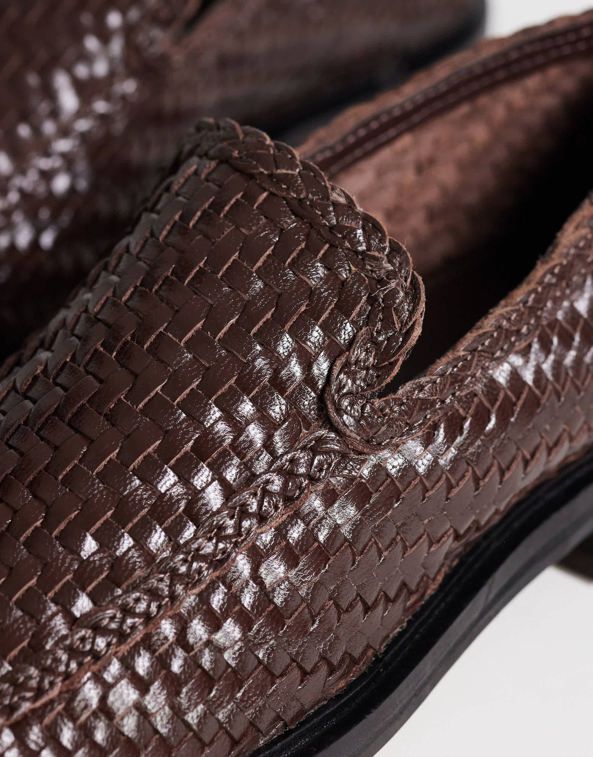 Topshop Bali real leather weave flat shoe loafer in chocolate