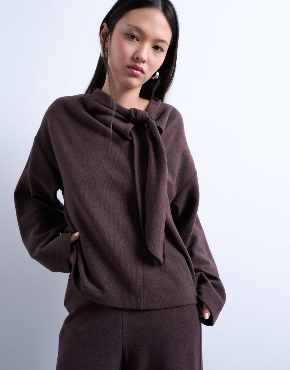 Topshop soft touch neck tie long sleeve tee co-ord in chocolate