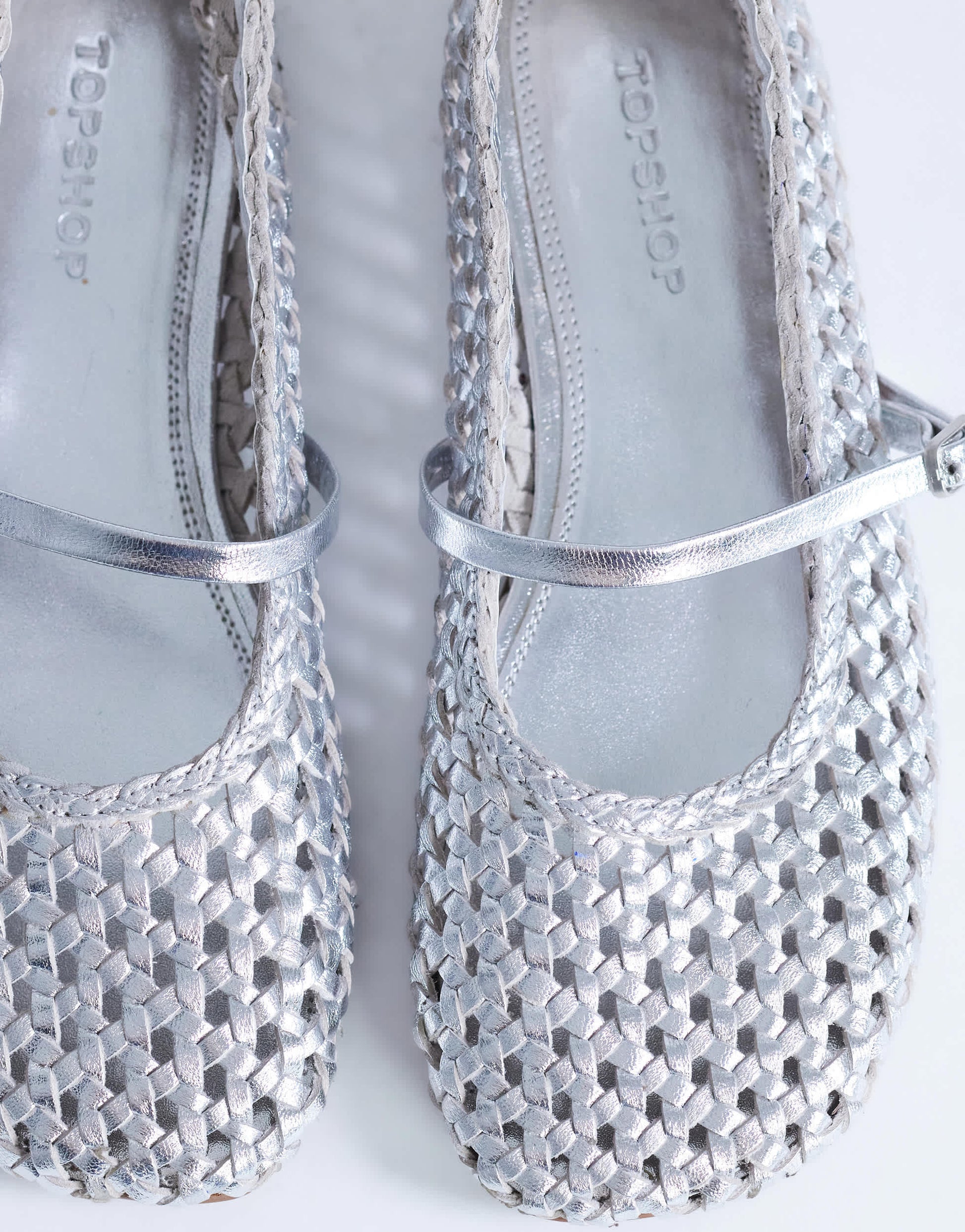 Topshop Bobbi leather woven ballet in silver