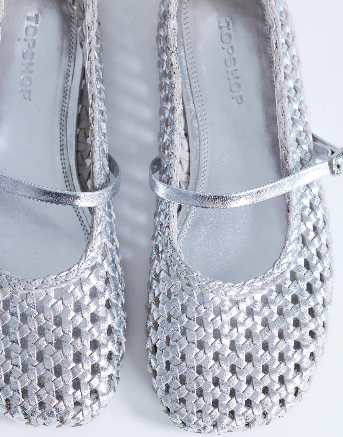 Topshop Bobbi leather woven ballet in silver