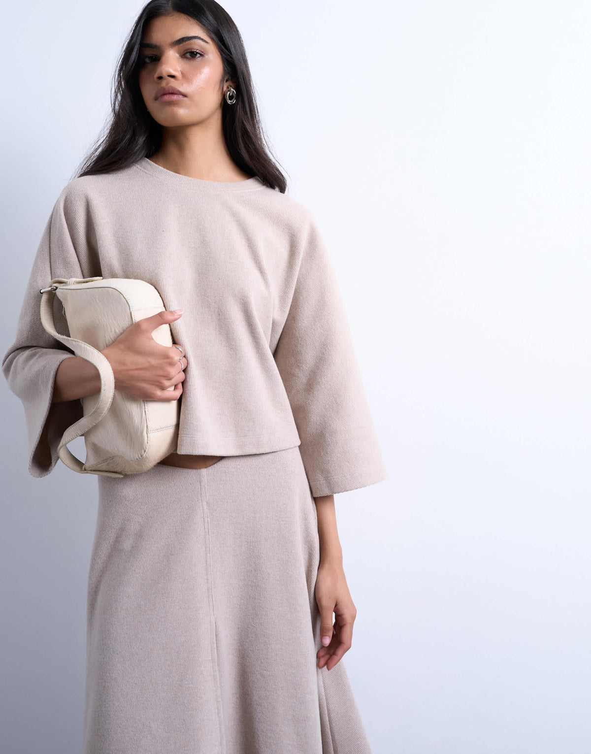 Topshop soft touch super wide crop sleeve tee co-ord in taupe