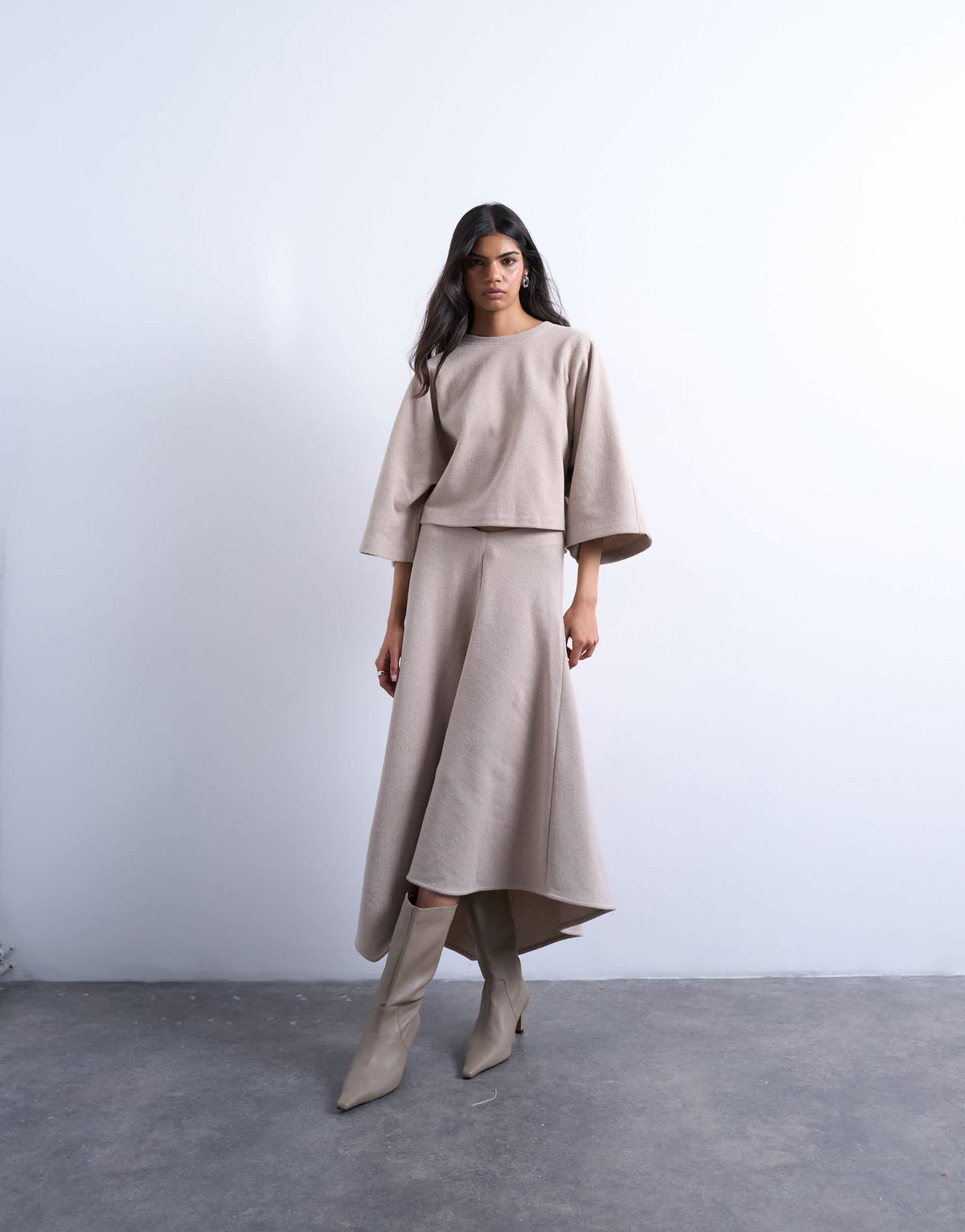 Topshop soft touch super wide crop sleeve tee co-ord in taupe