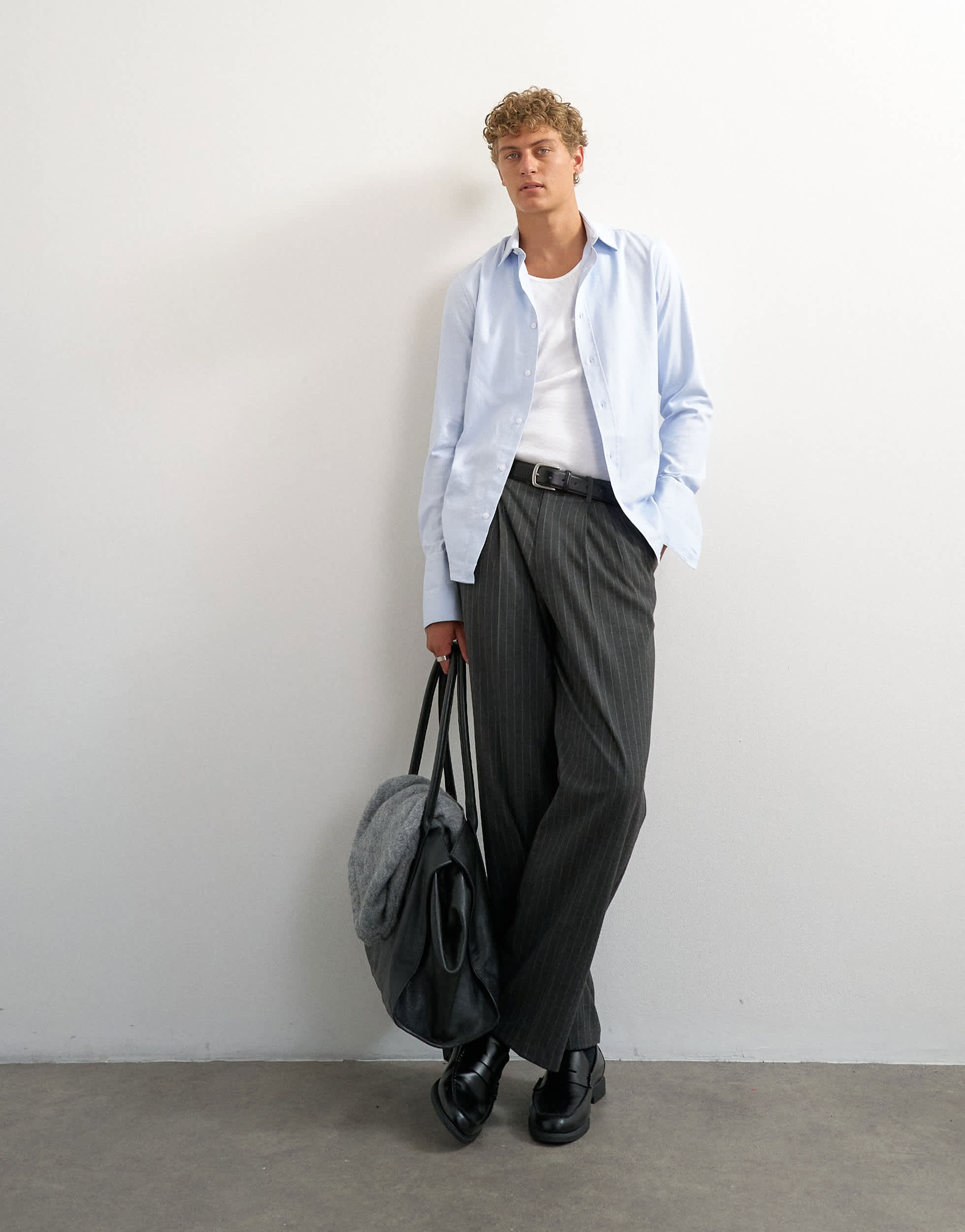 Topman wide leg pinstripe trouser with pleats in charcoal