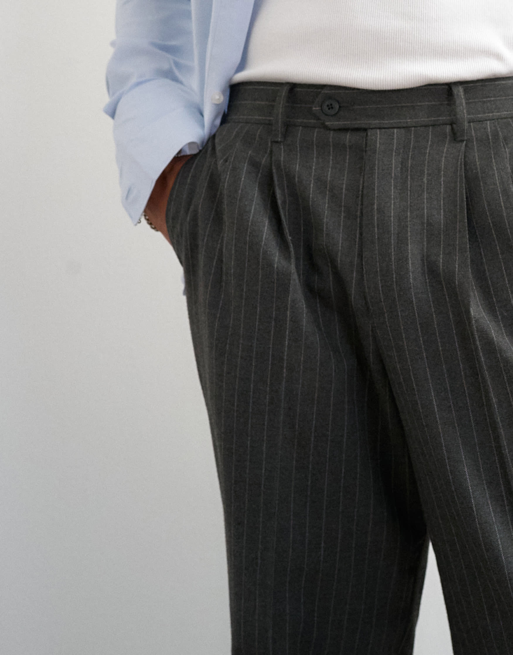 Topman wide leg pinstripe trouser with pleats in charcoal