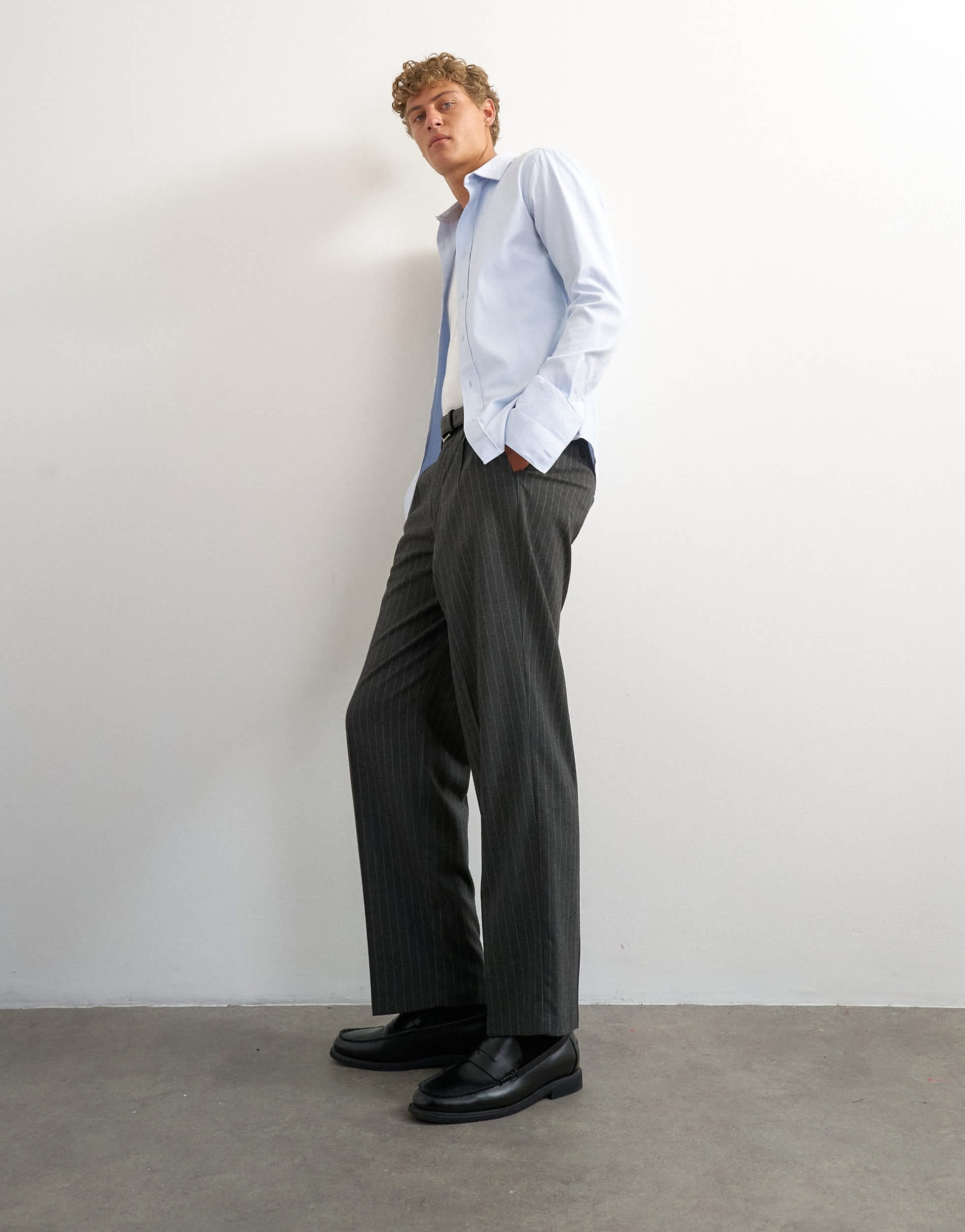 Topman wide leg pinstripe trouser with pleats in charcoal