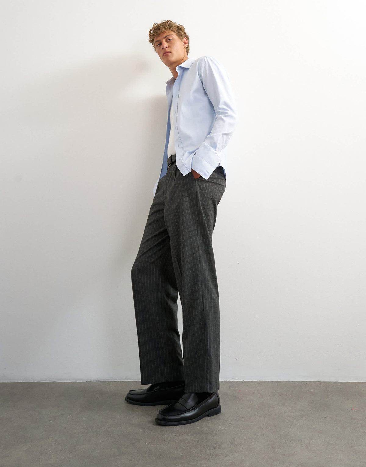 Topman wide leg pinstripe trouser with pleats in charcoal