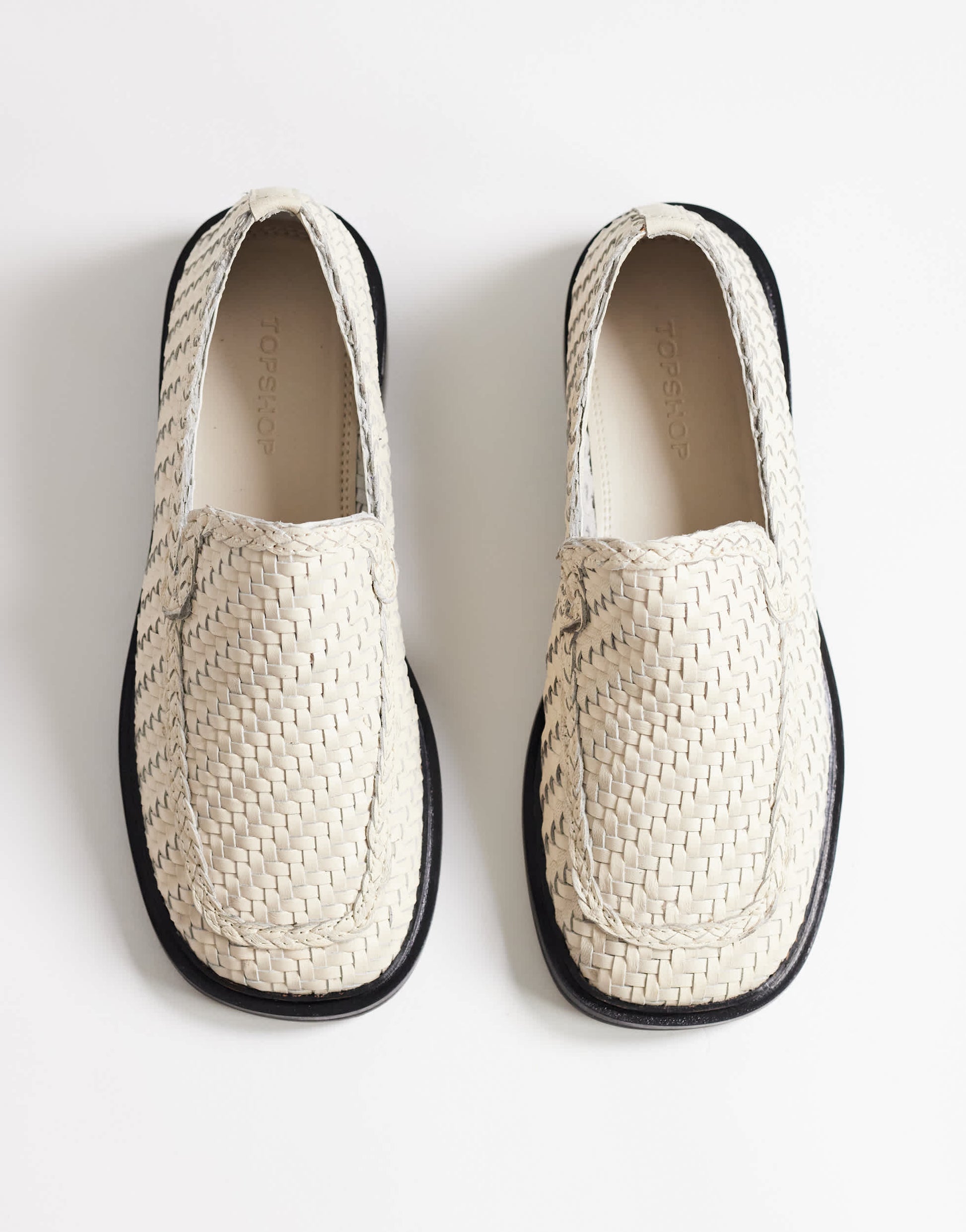Topshop Bali leather weave flat shoe loafer in off white 