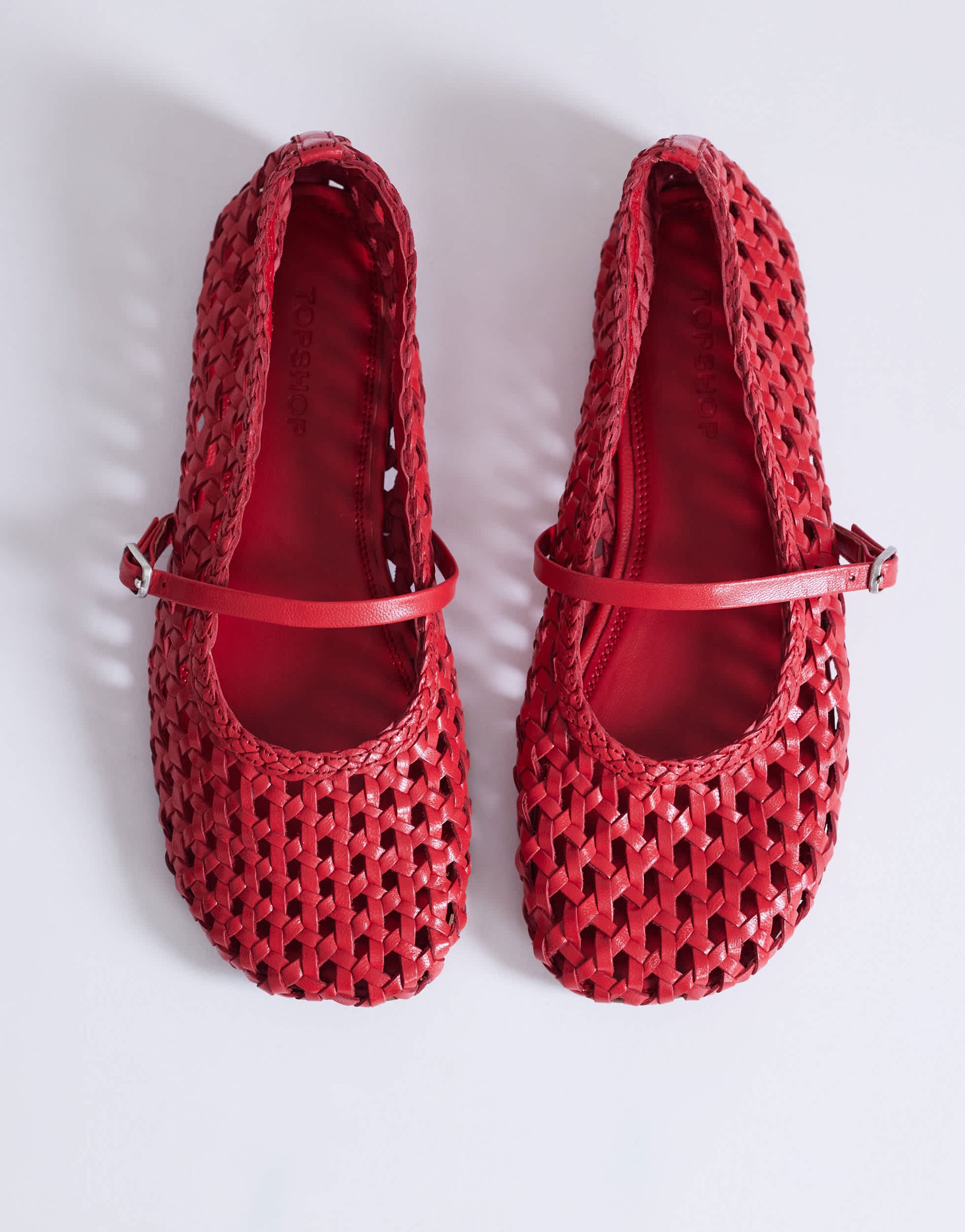 Topshop Bobbi leather woven ballet in red