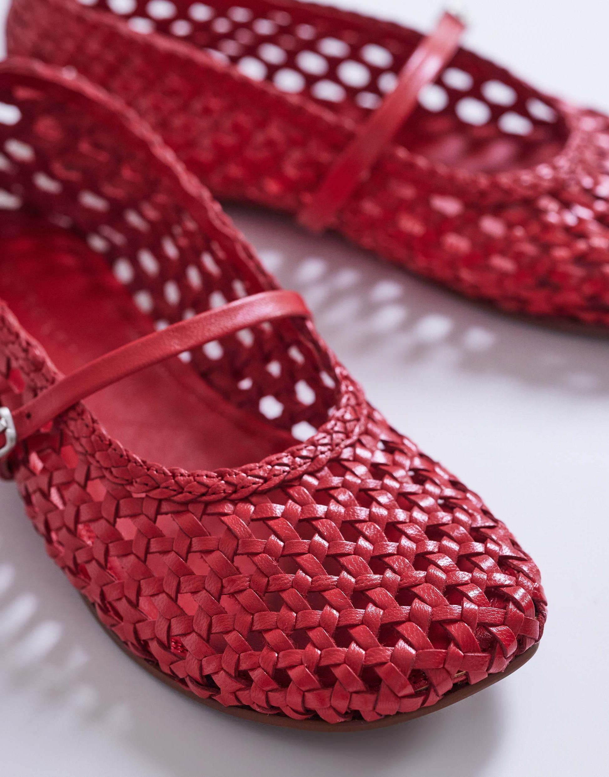 Topshop Bobbi leather woven ballet in red